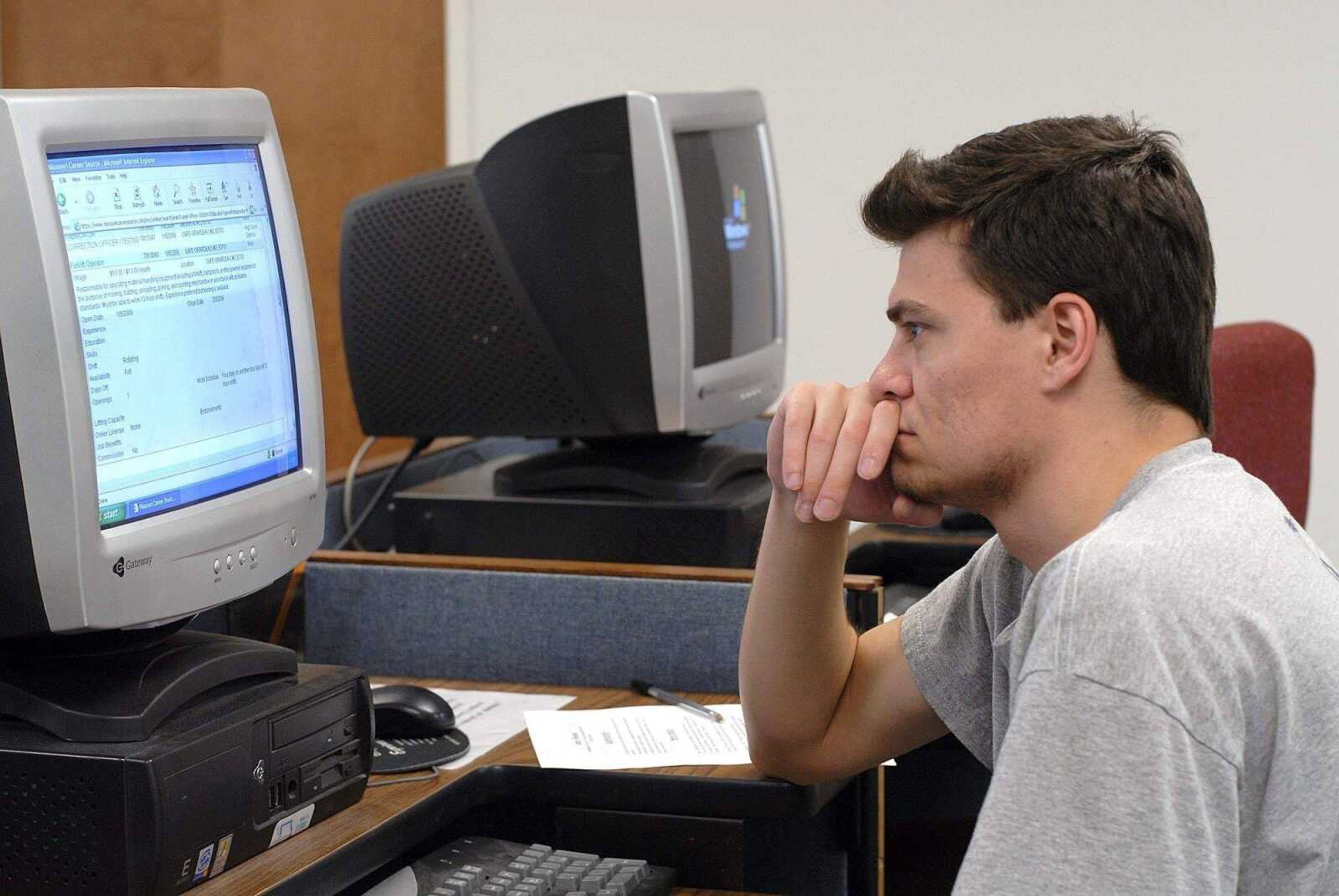 FRED LYNCH ~ flynch@semissourian.comJody Ressel looks for a job opening online at the Workforce Development Career Center office in Cape Girardeau.