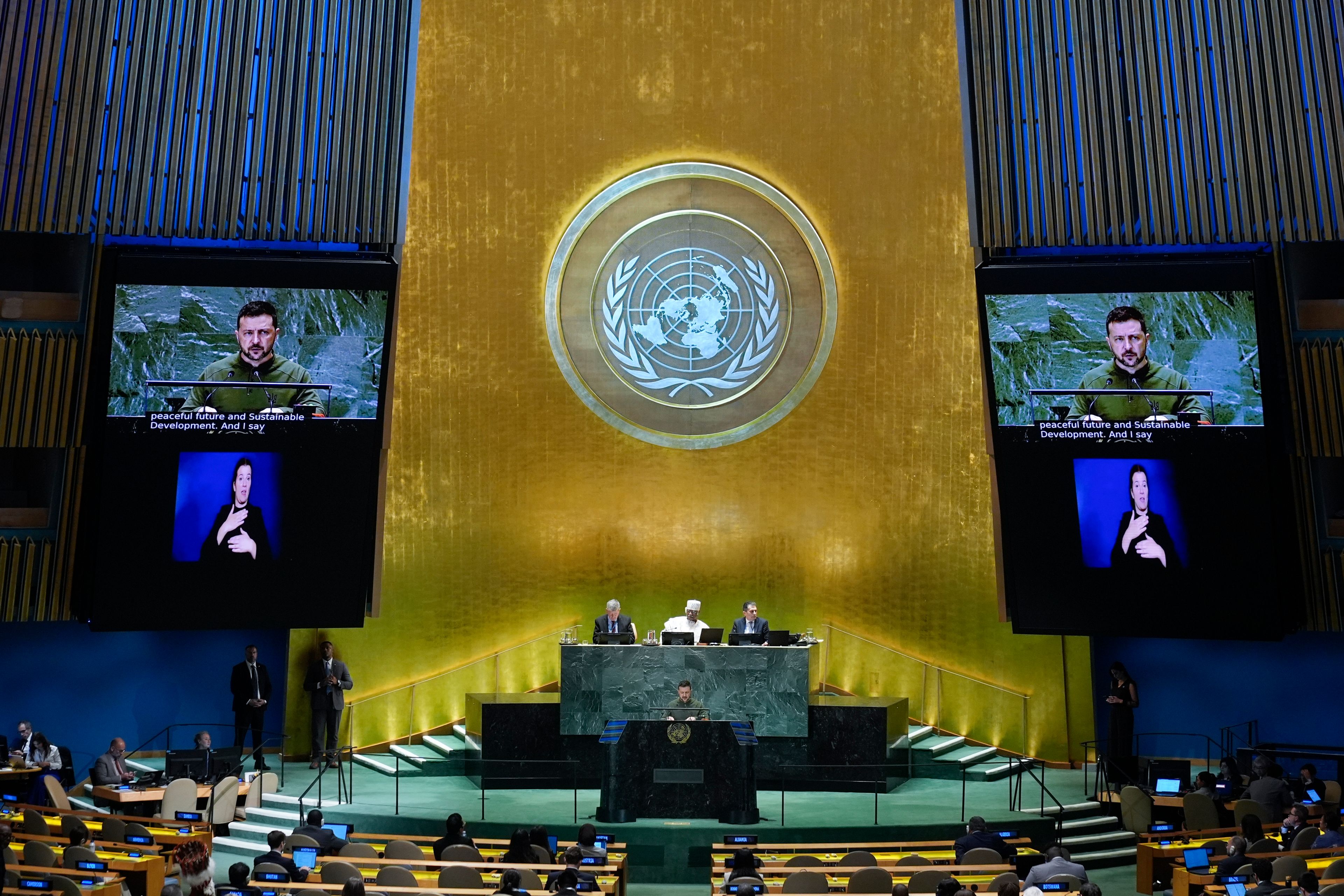 Ukraine's President Volodymyr Zelenskyy addresses the the Summit of the Future at United Nations headquarters, Monday, Sept. 23, 2024. (AP Photo/Seth Wenig)