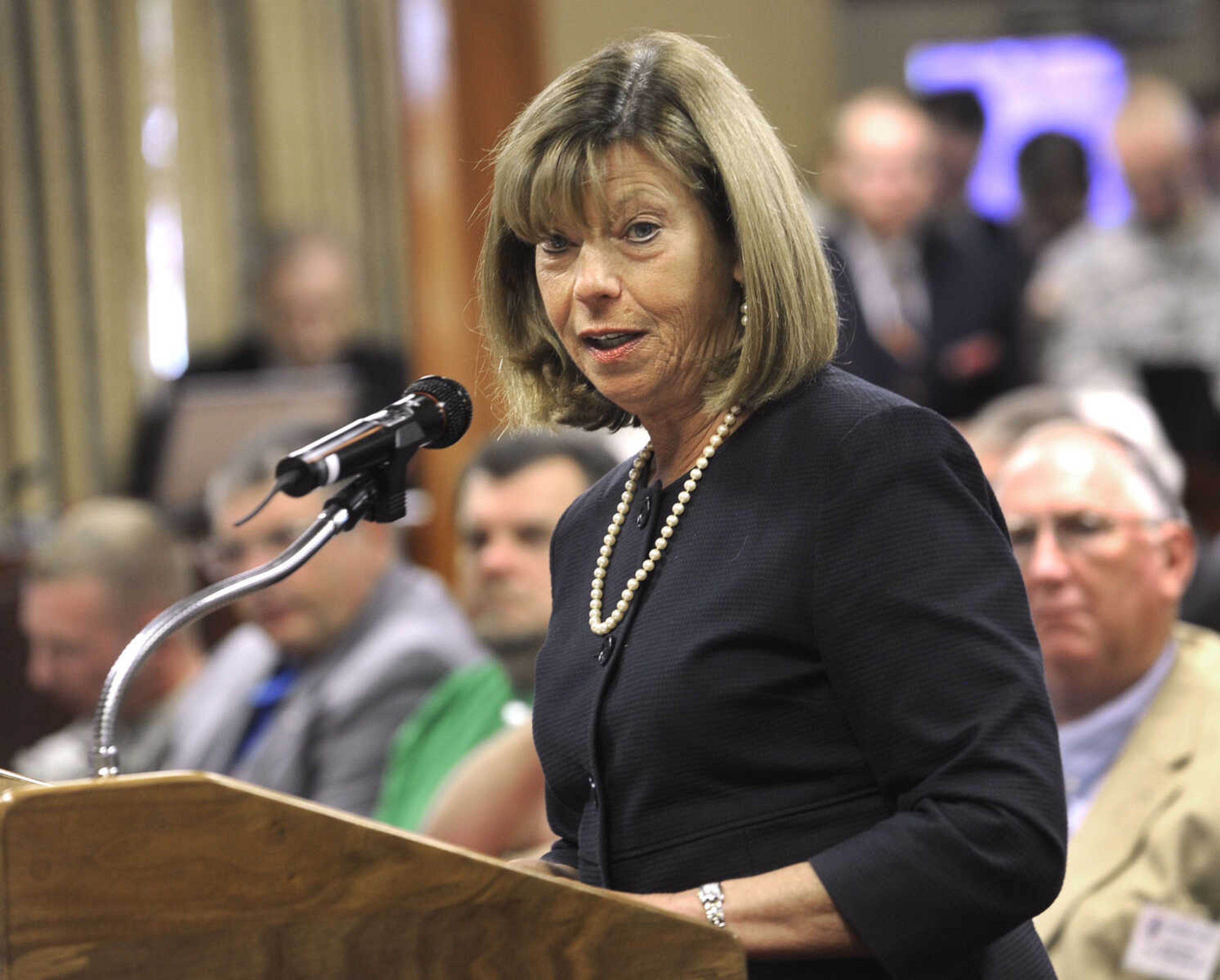 FRED LYNCH ~ flynch@semissourian.com
U.S. Rep. Jo Ann Emerson speaks to members of the Mississippi River Commission Monday, Aug. 15, 2011 at New Madrid, Mo.