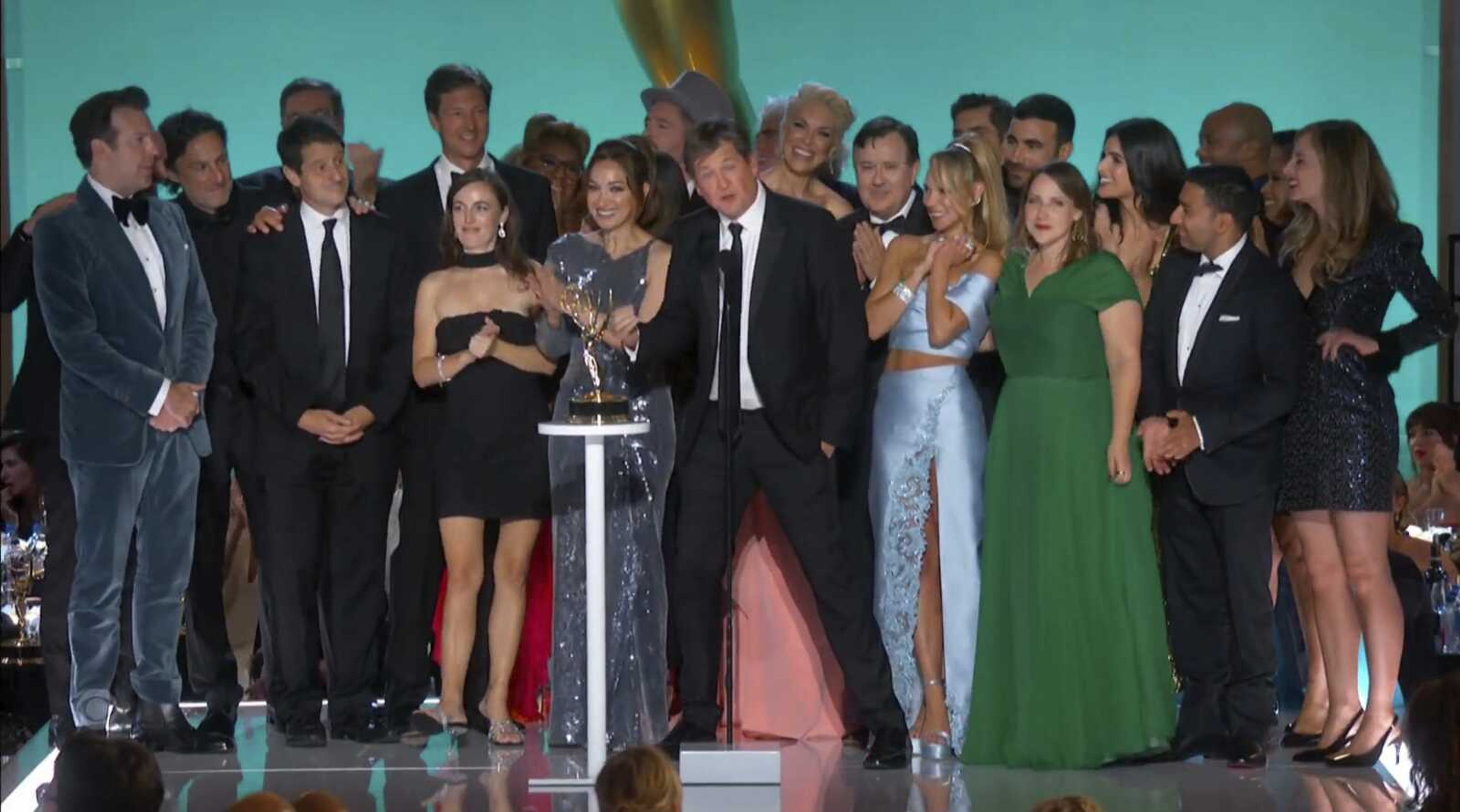 In this video grab issued Sunday, the team of "Ted Lasso" accept the award for outstanding comedy series during the Primetime Emmy Awards in Los Angeles.