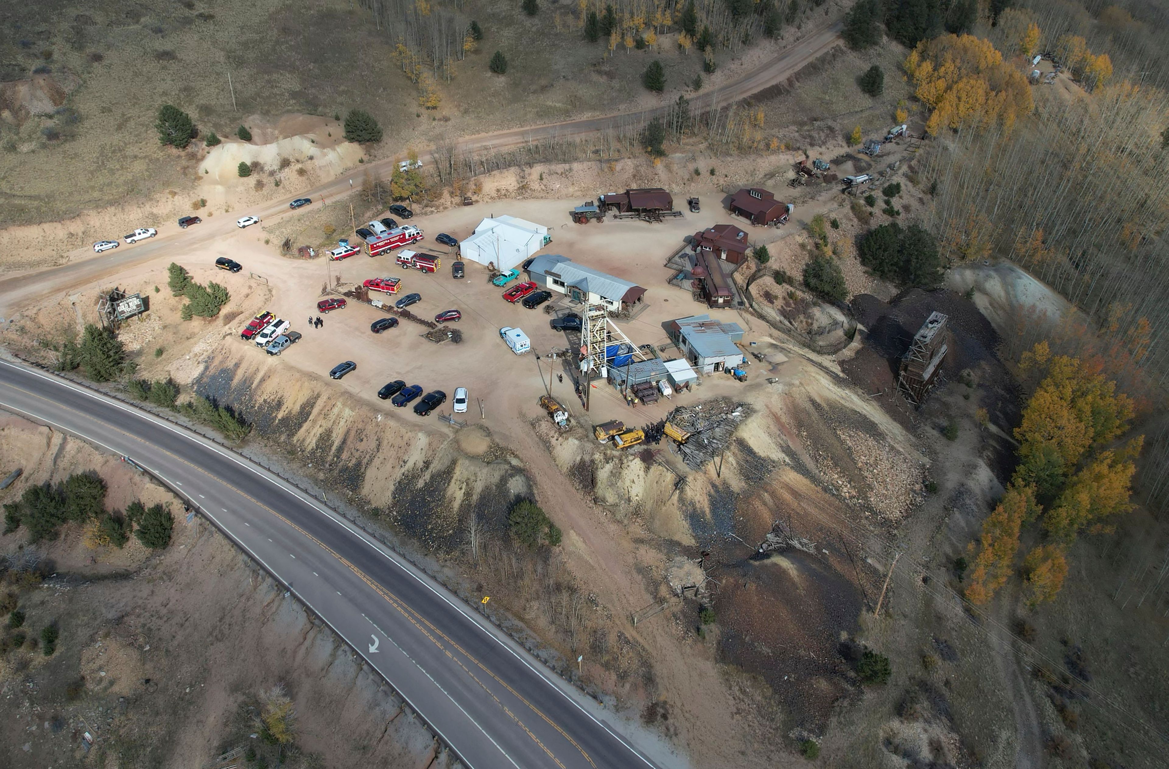 Emergency personnel stage outside the Mollie Kathleen Gold Mine in Cripple Creek, Colo., Thursday, Oct. 10, 2024, after one person died in an equipment malfunction during a tour of the mine according to the Teller County Sheriff's Department. (Arthur Trickette-Wile/The Gazette via AP)