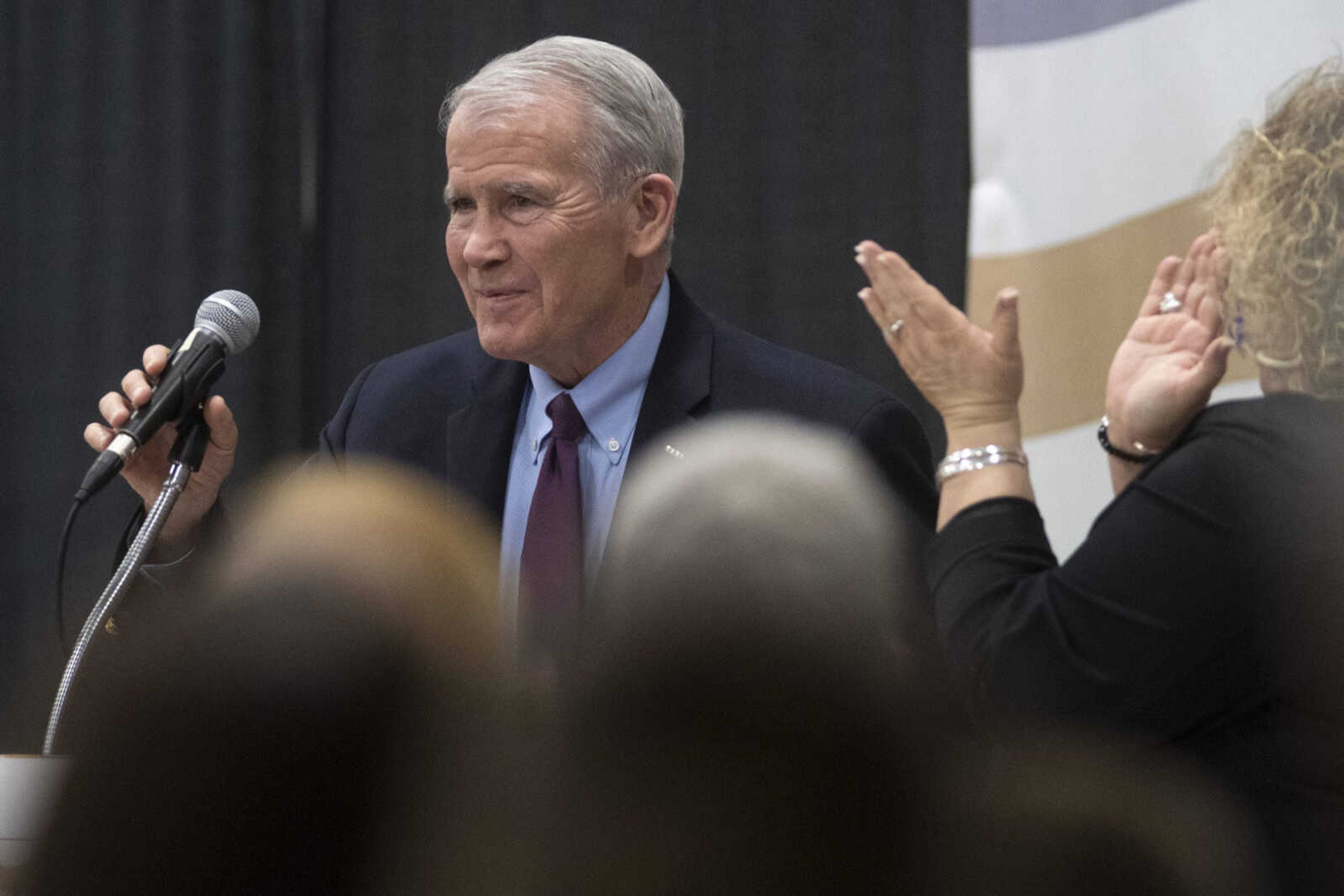 Oliver North goes to the podium during the 50th annual Lincoln Day celebration Saturday at the Osage Centre in Cape Girardeau.