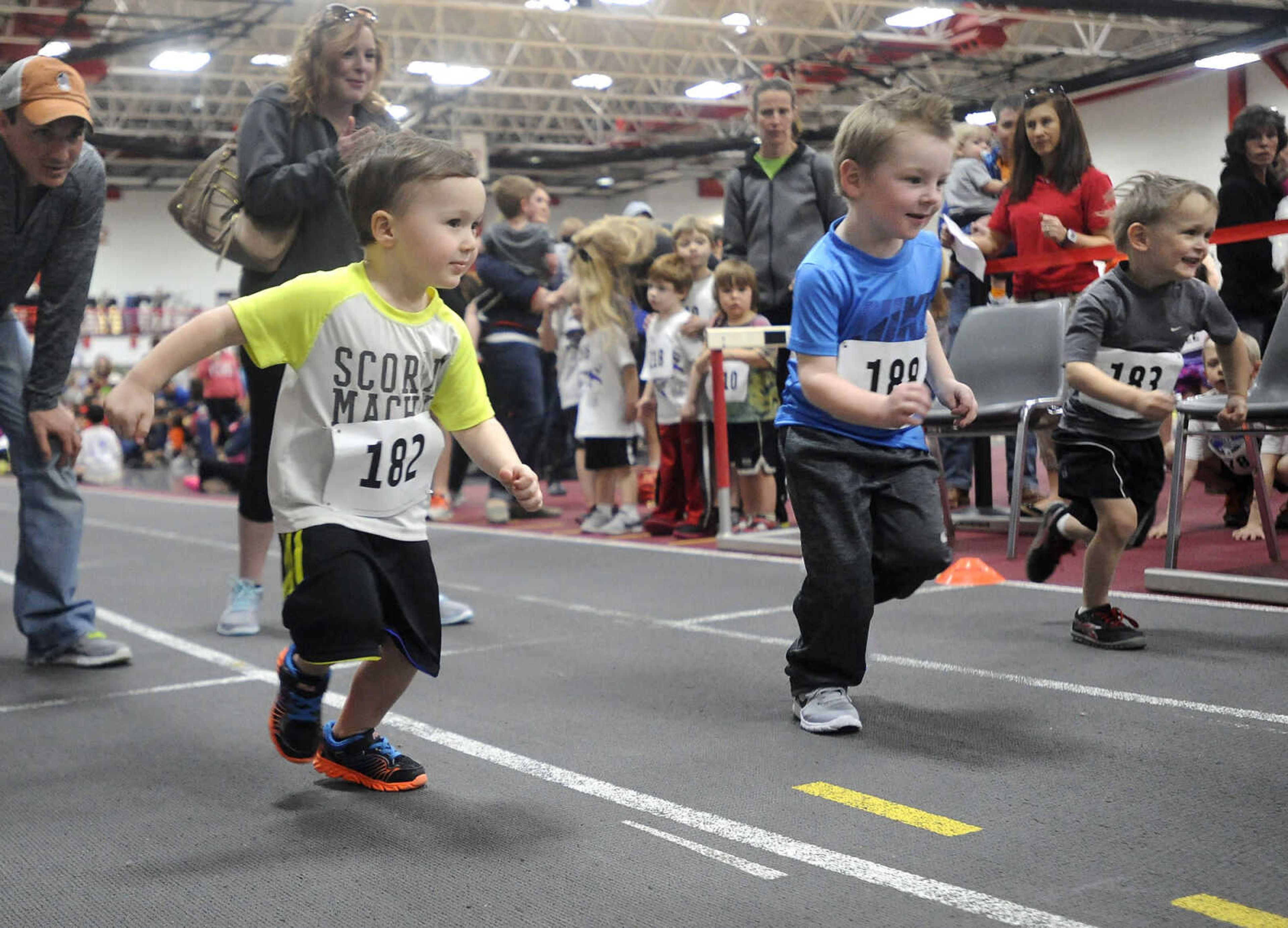 FRED LYNCH ~ flynch@semissourian.com
Tate Diebold, left, Luke Foltz and Ivan Drum begin a 200-meter race for 3-year-old boys at the Super Kids Race Day on Sunday, Feb. 7, 2016 at the Student Recreation Center.