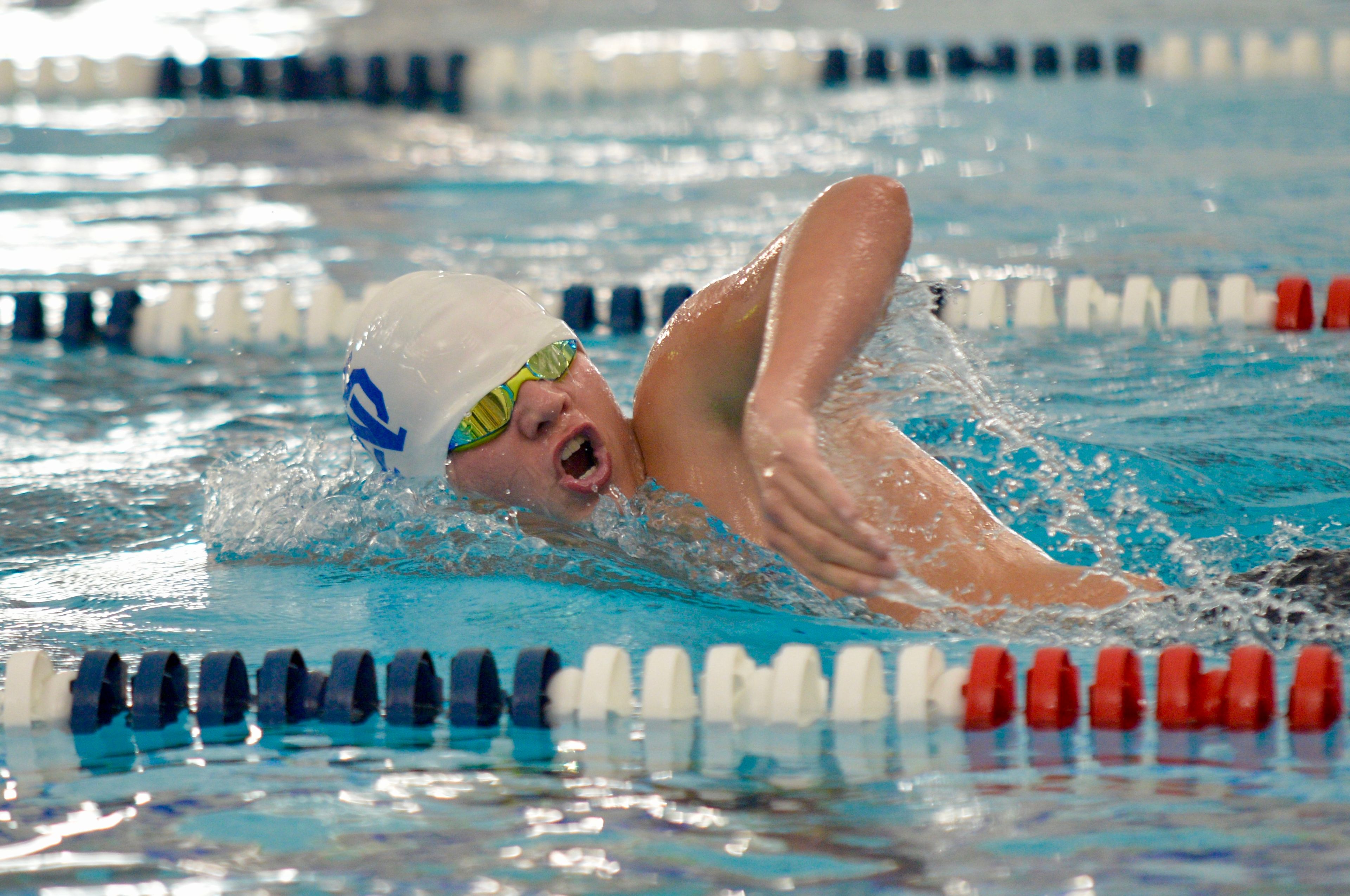 Notre Dame’s Ben Pursell swims against Cape Central on Tuesday, Oct. 29, at the Cape Aquatic Center.