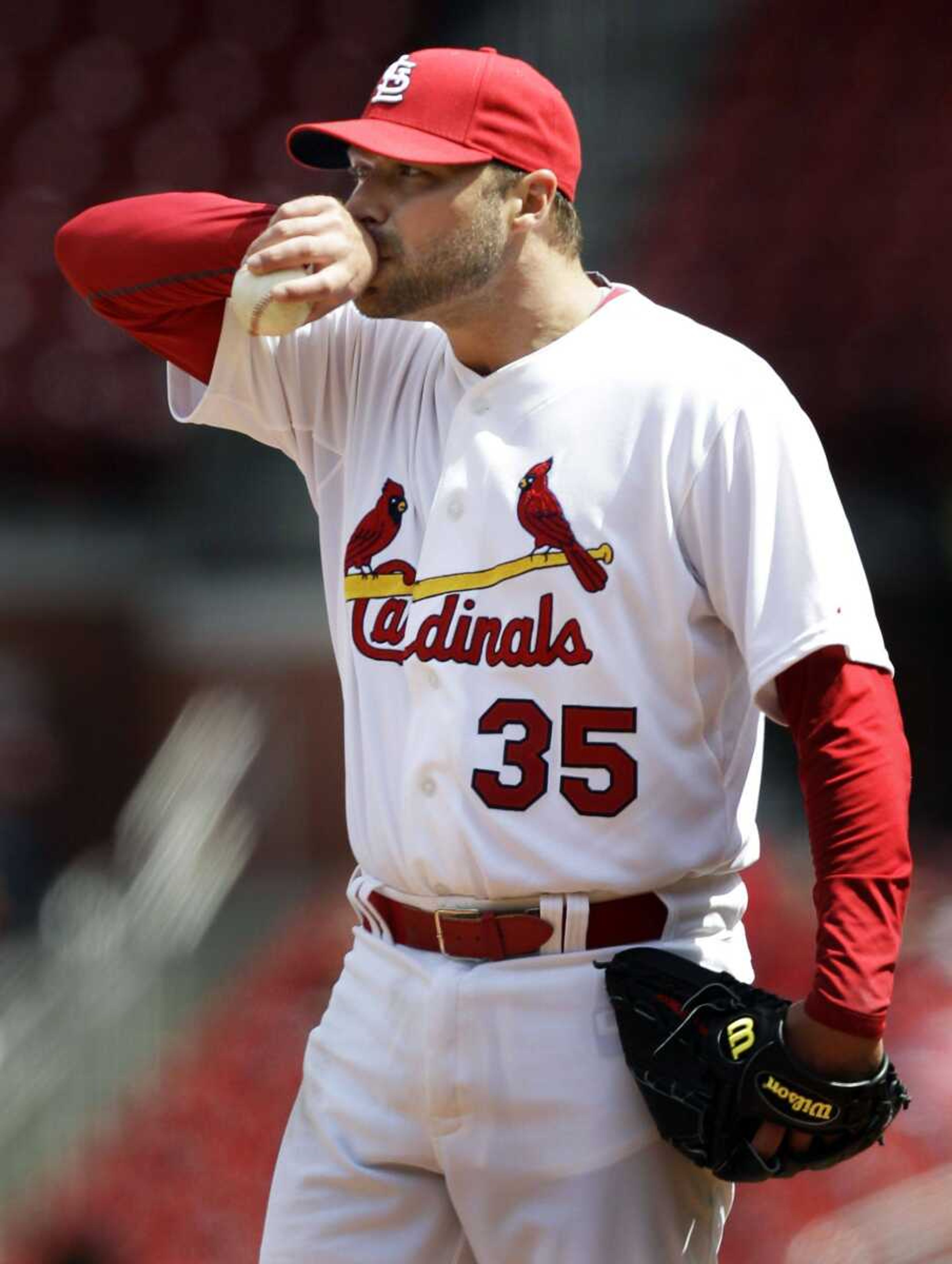 Cardinals first-game starting pitcher Jake Westbrook pauses on the mound during the third inning Wednesday in St. Louis. (JEFF ROBERSON ~ Associated Press)