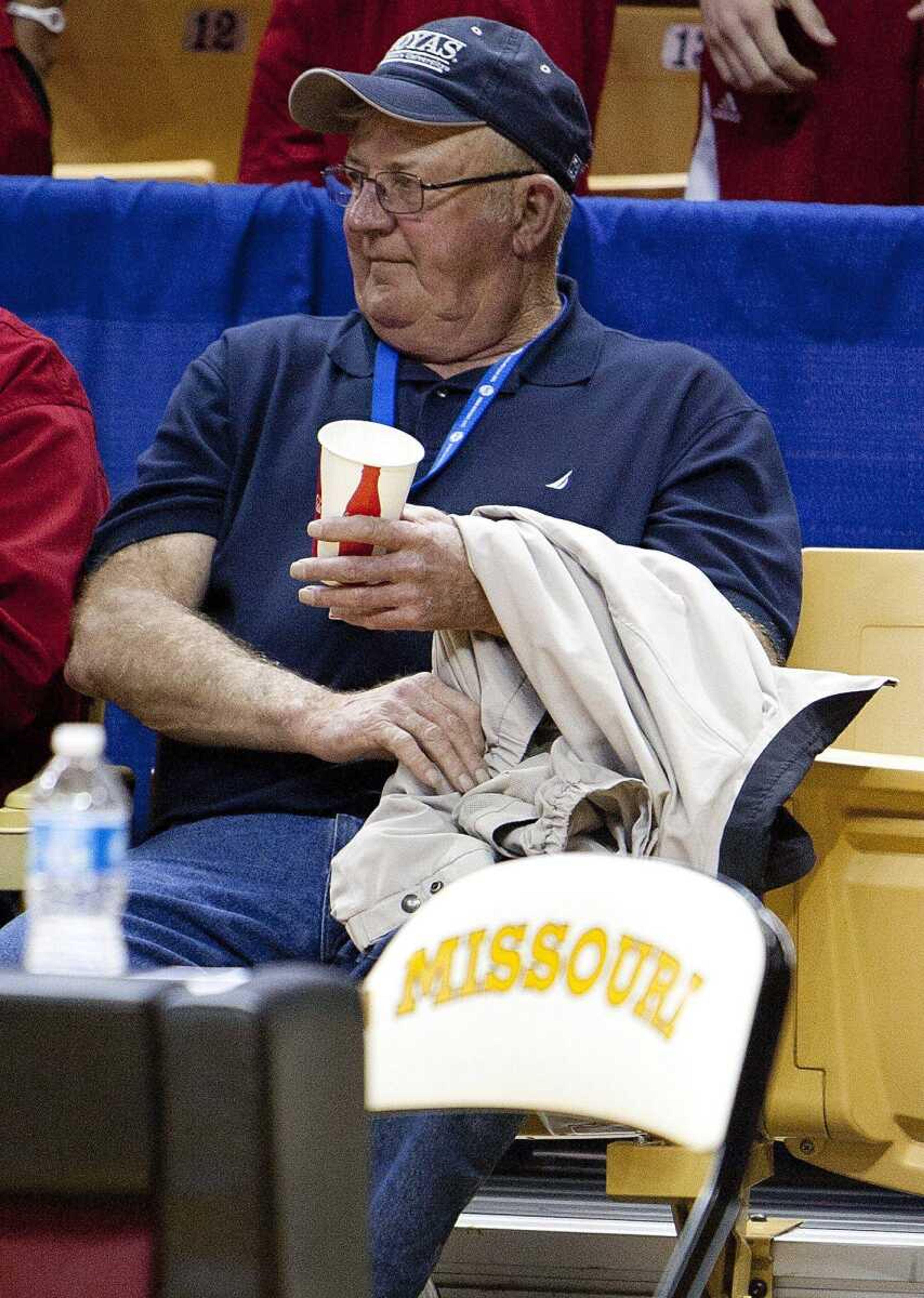 Former Scott County Central coach Ronnie Cookson watches the Braves warm up before their 79-72 win over Drexel in the Class 1 state title game in Columbia, Mo. (ADAM VOGLER)