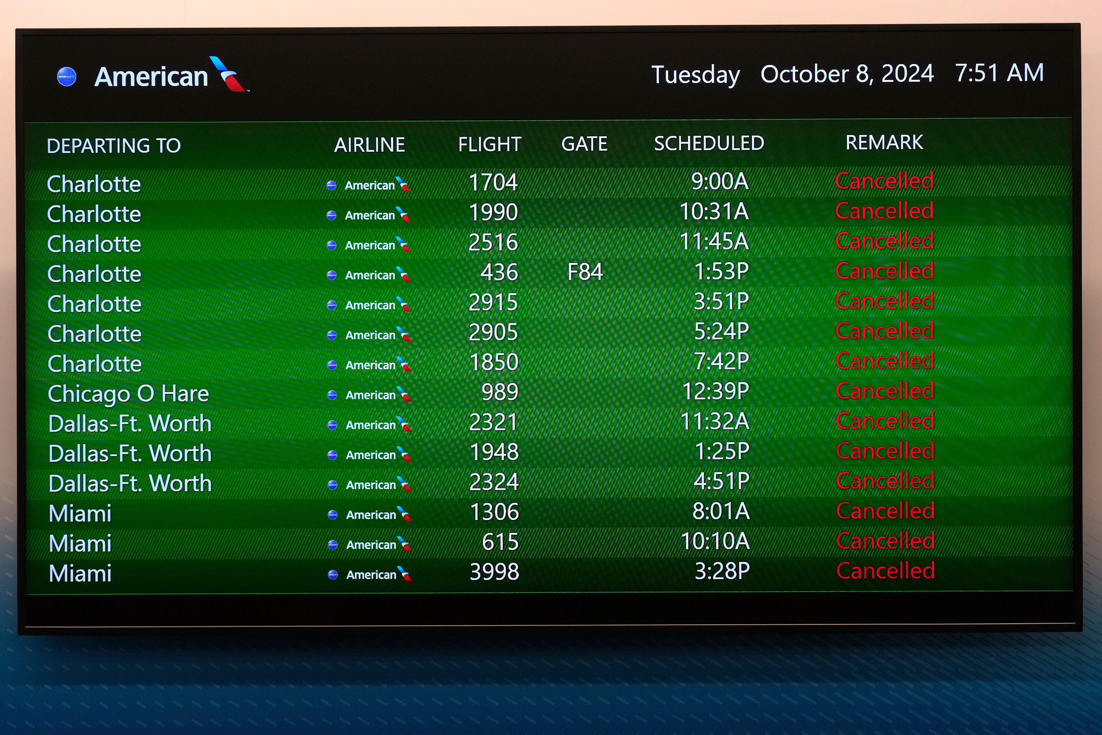 A message board at the Tampa International Airport shows all American Airlines departing flight canceled Tuesday, Oct. 8, 2024, in Tampa, Fla., due to the possible arrival of Hurricane Milton. (AP Photo/Chris O'Meara)