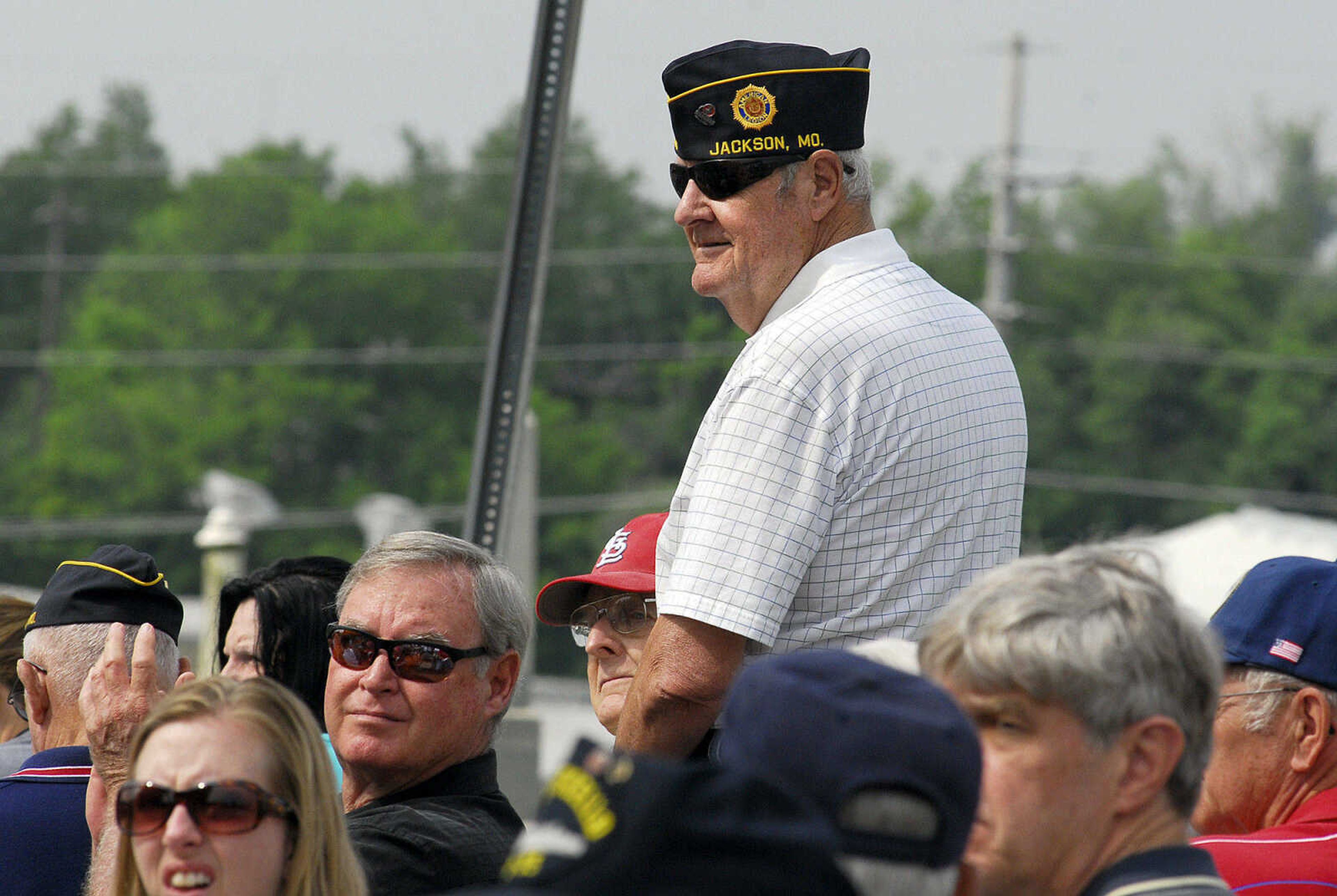 LAURA SIMON~lsimon@semissourian.com
U.S. Marine Jim Schole stands as the "Armed Forces Salute" is being played Monday, May 31, 2010 during the Jackson Memorial Day Ceremony.