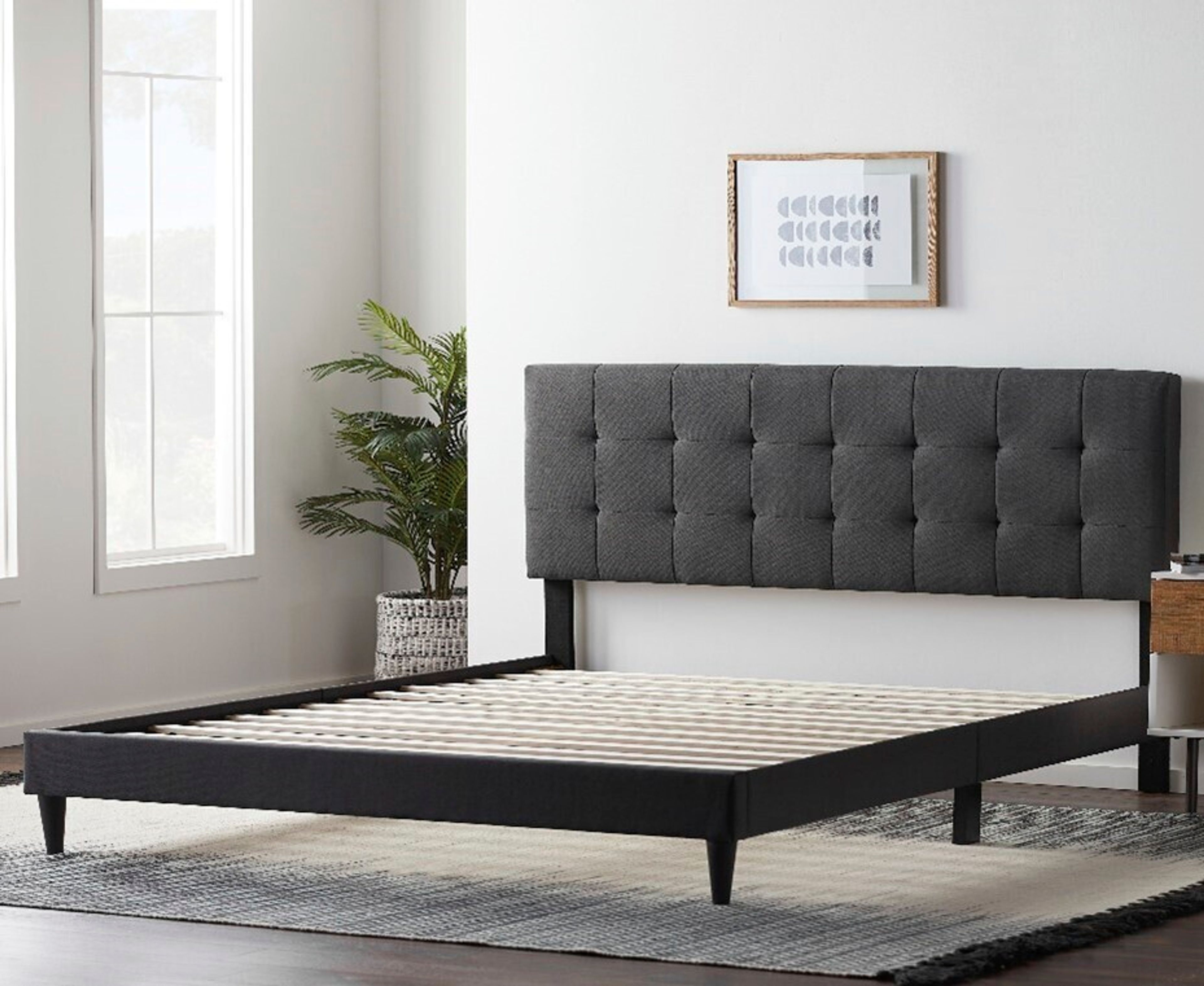 This photo provided by the Consumer Product Safety Commission shows a Lucid Platform Bed with an upholstered square tufted headboard that is being recalled across the U.S. and Canada, Thursday, Sept. 19, 2024, because they can break during use. (Consumer Product Safety Commission via AP)