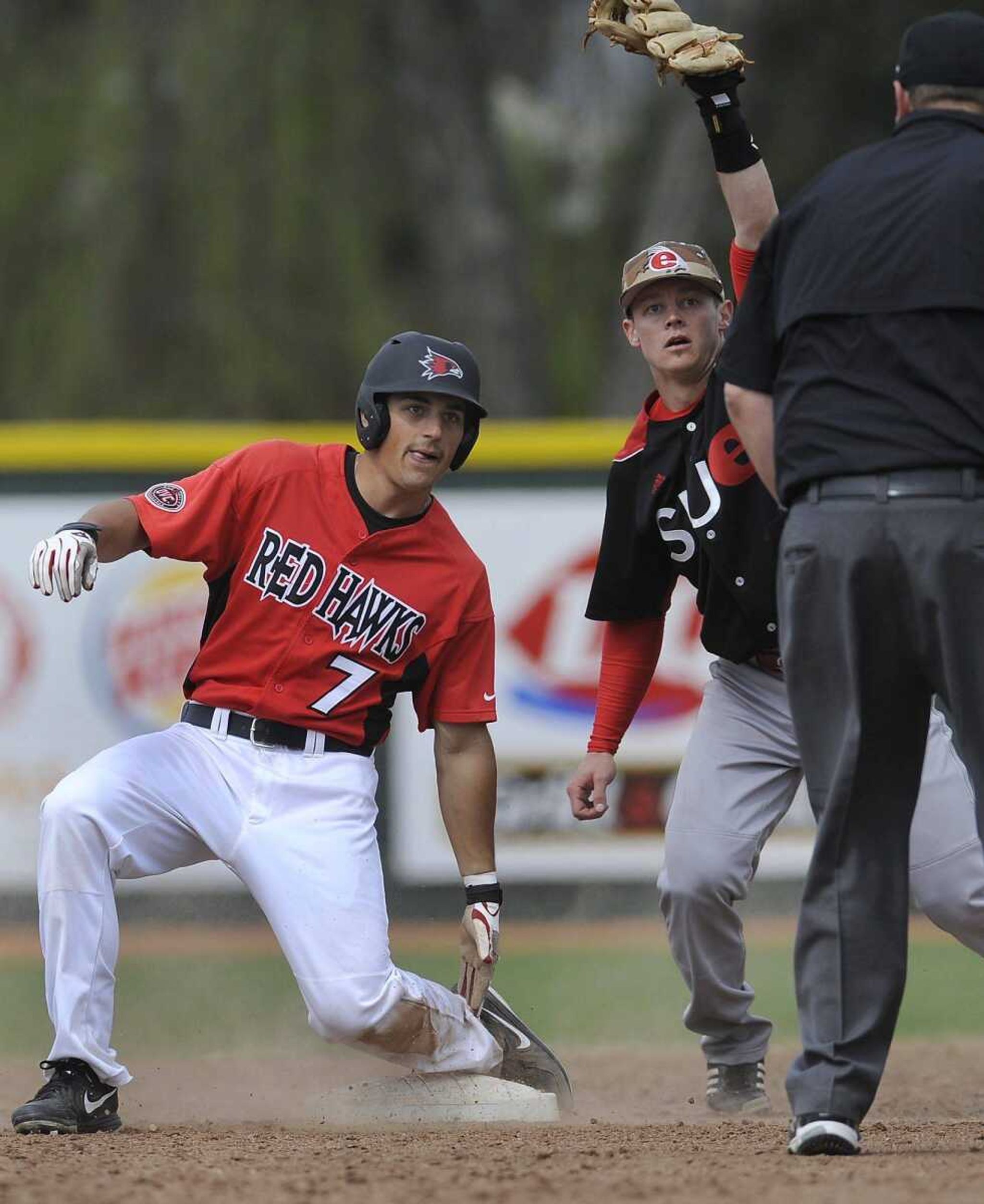 Southeast Missouri State&#8217;s Cole Bieser reaches second base safely with a double as SIUE second baseman Chase Green looks for the call during the eighth inning Sunday.