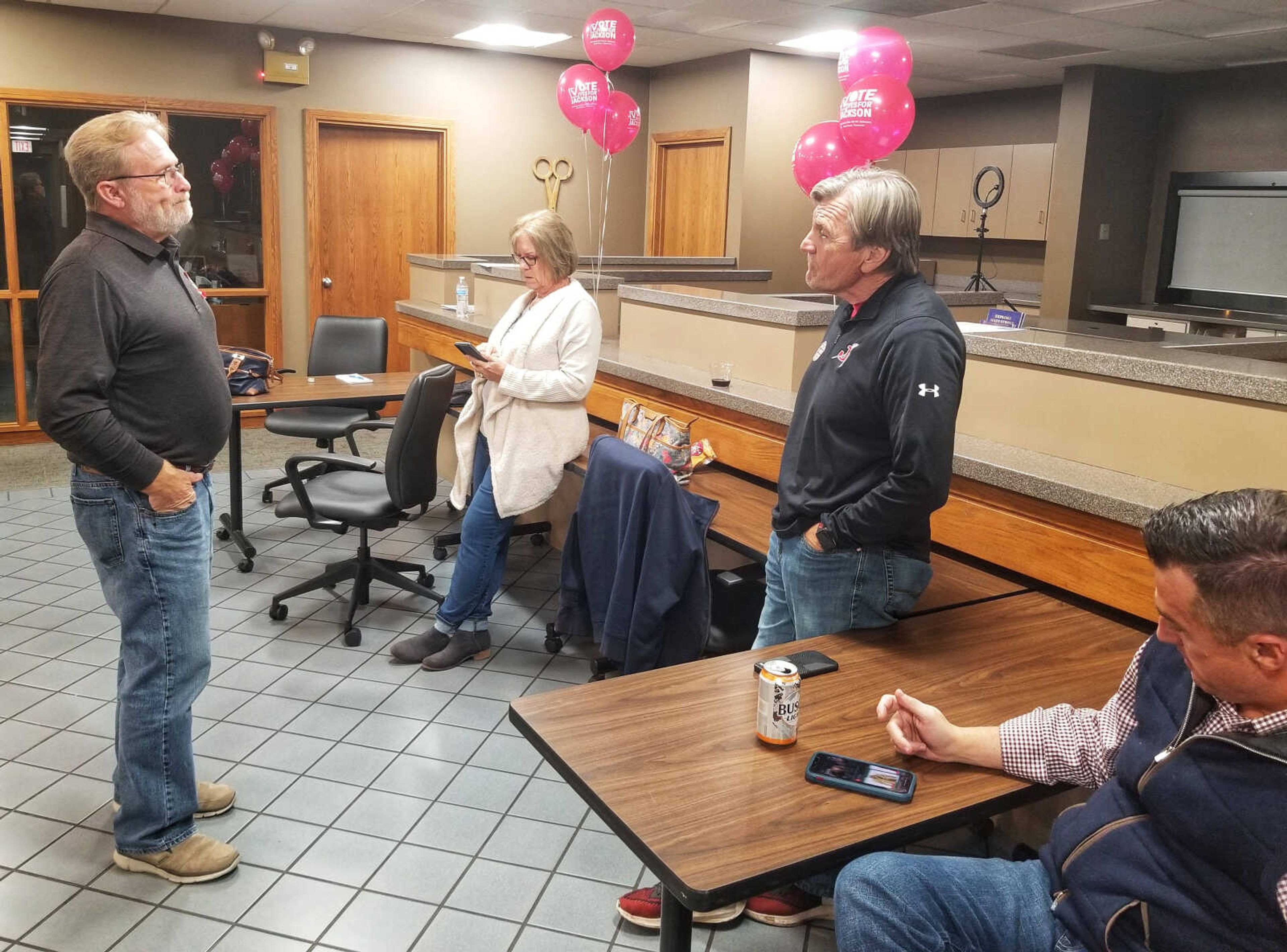 By a vote of 57.2% to 42.8%, voters in Jackson have turned down a use tax, a tax on internet sales, for the fourth time. At a gathering to await the results Tuesday are, from left, David Reiminger, city alderman; Susan Hahs; Mayor Dwain Hahs; and Jackson Area Chamber of Commerce executive director Brian Gerau.