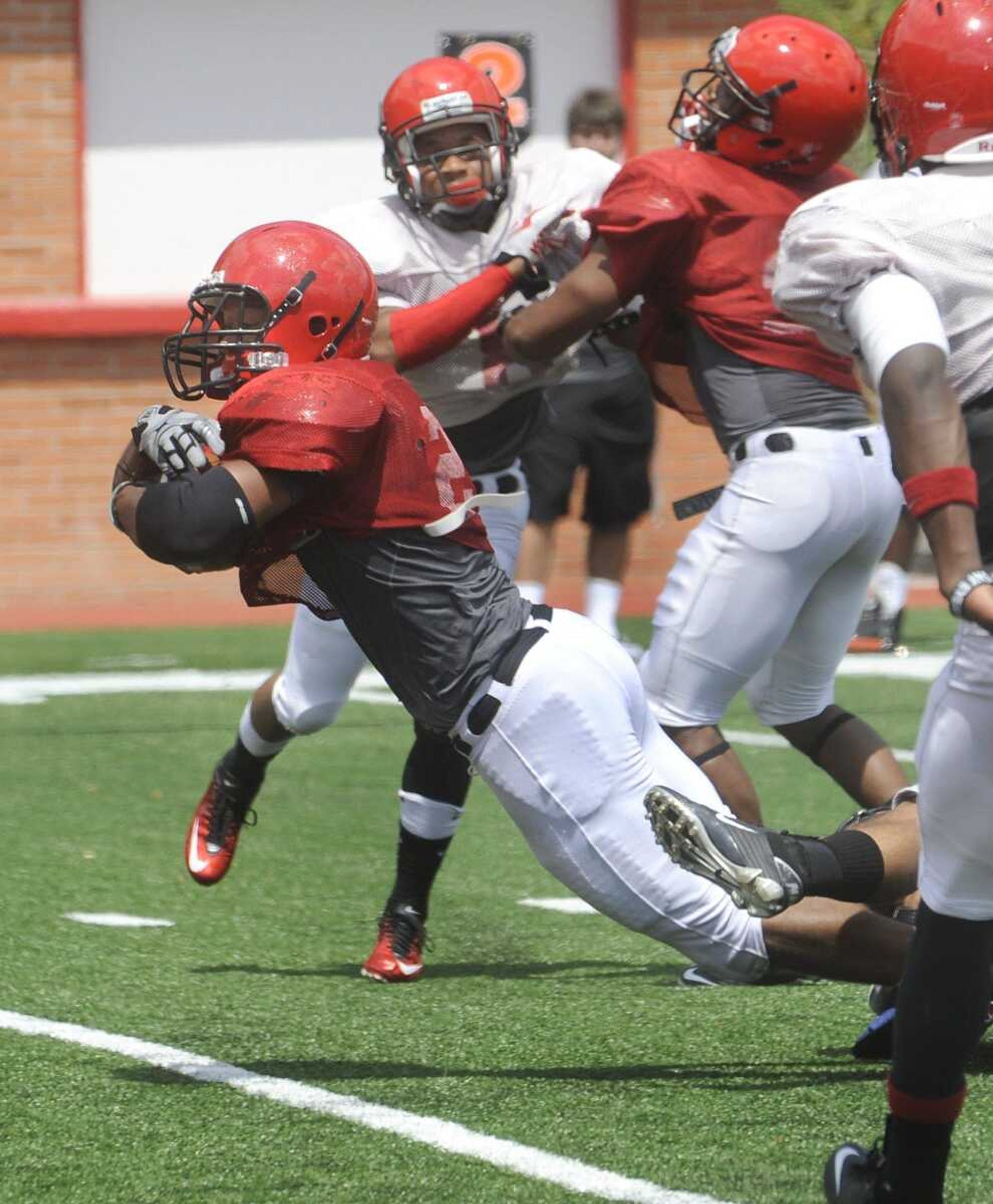 Southeast Missouri State running back Levi Terrell scores during Saturday's scrimmage at Houck Stadium. (Fred Lynch)