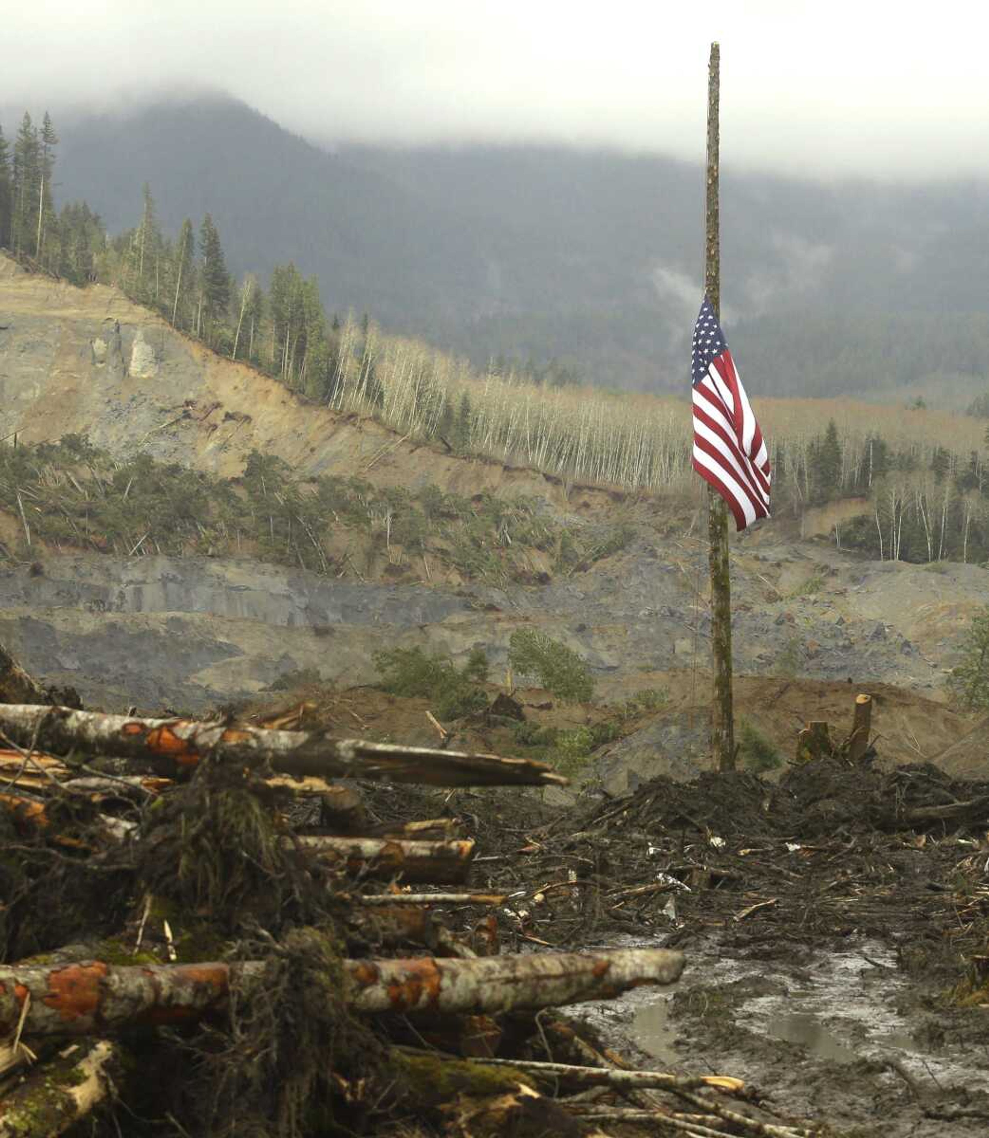 A flag flies at half-staff on a log Sunday with the slope of the massive mudslide that struck March 22 in the background. (Ted S. Warren ~ Associated Press)