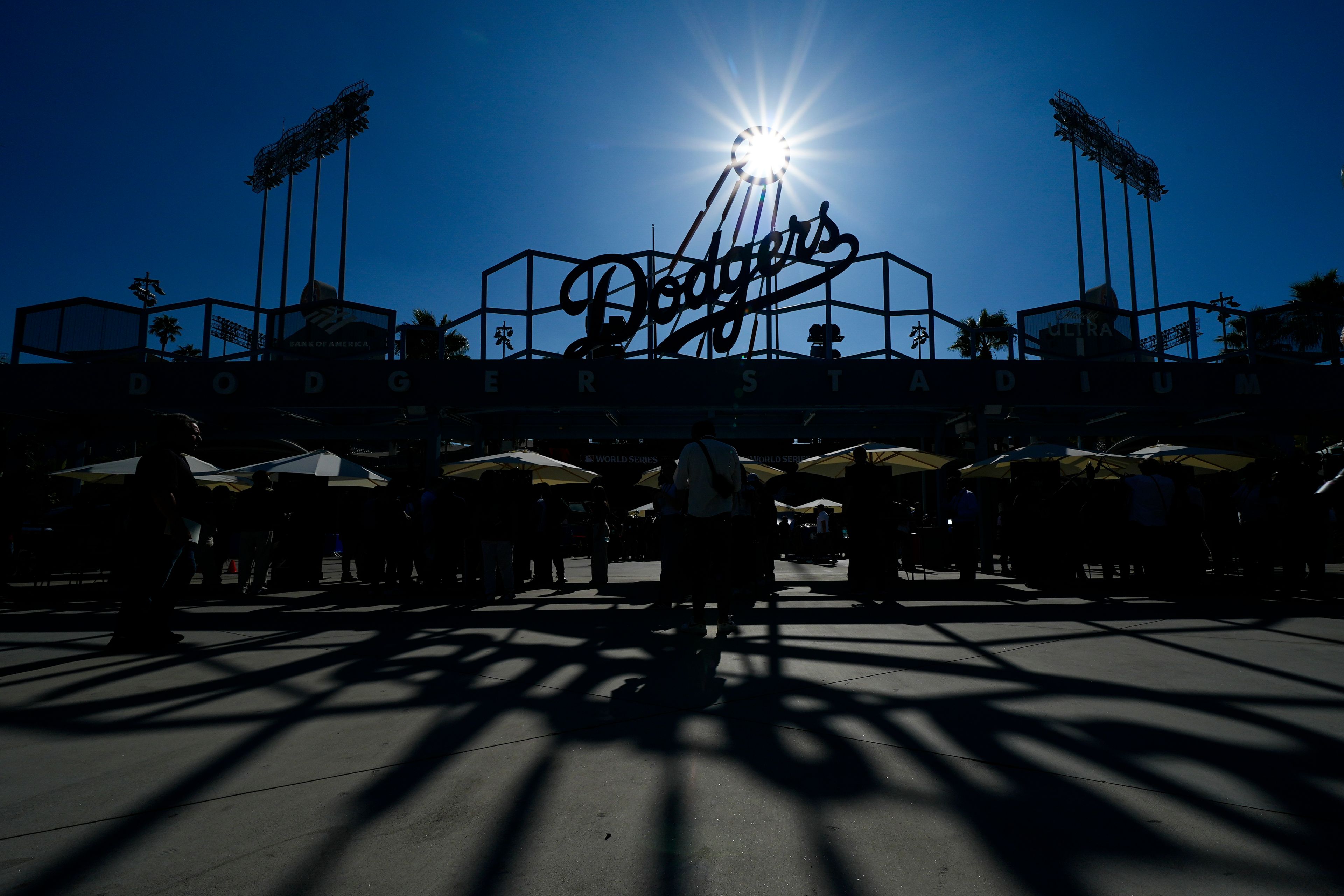 Players set up during media day for the baseball World Series between the Los Angeles Dodgers and the New York Yankees, Thursday, Oct. 24, 2024, in Los Angeles. (AP Photo/Julio Cortez)