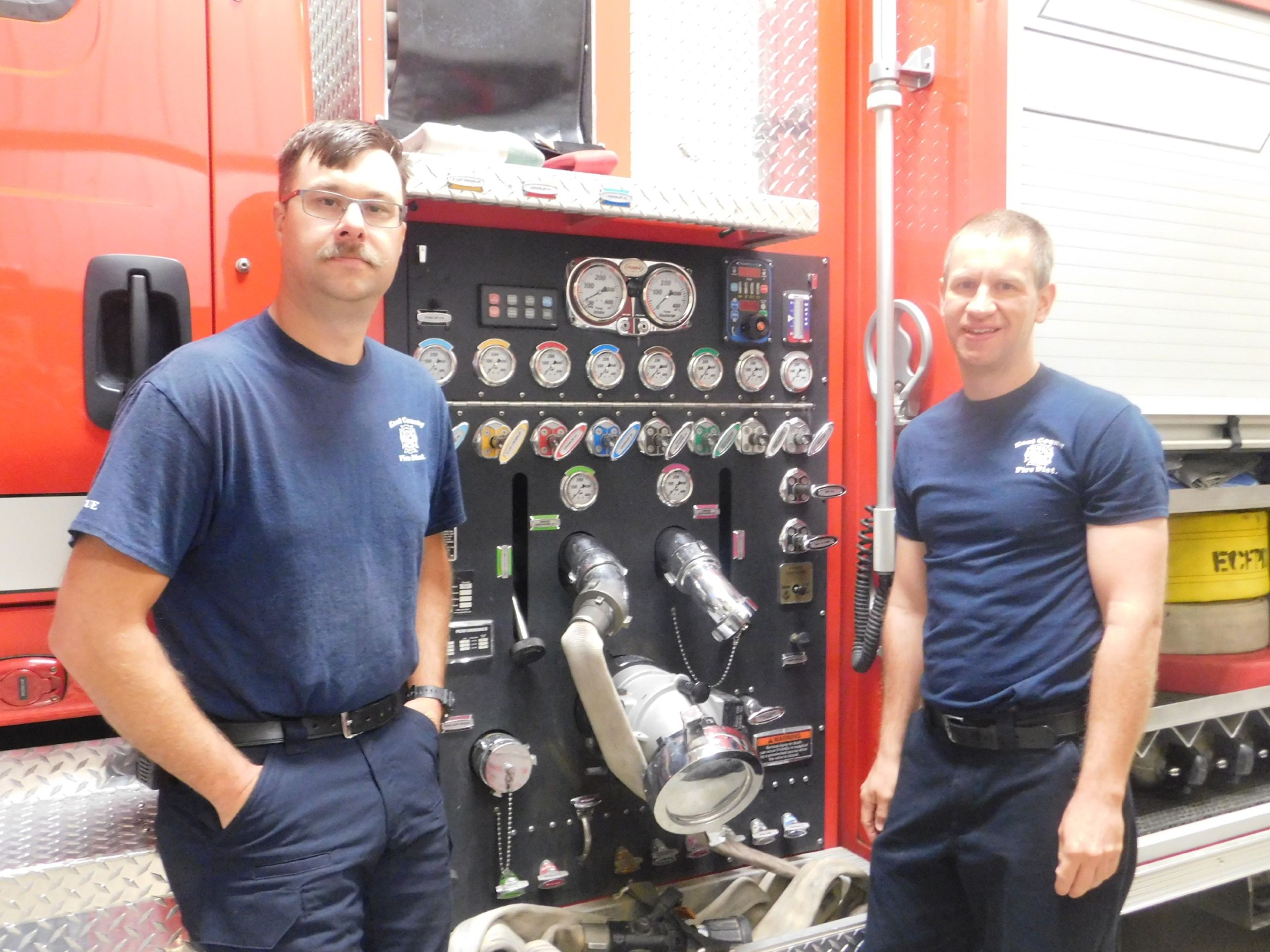 East County Fire Protection District firefighters David Goehman, left, and Chris Miller expressed the importance recruiting and retaining volunteers can have for rural fire districts. Though volunteers often have day jobs and families to deal with, their quick response to emergencies can prevent larger catastrophes.