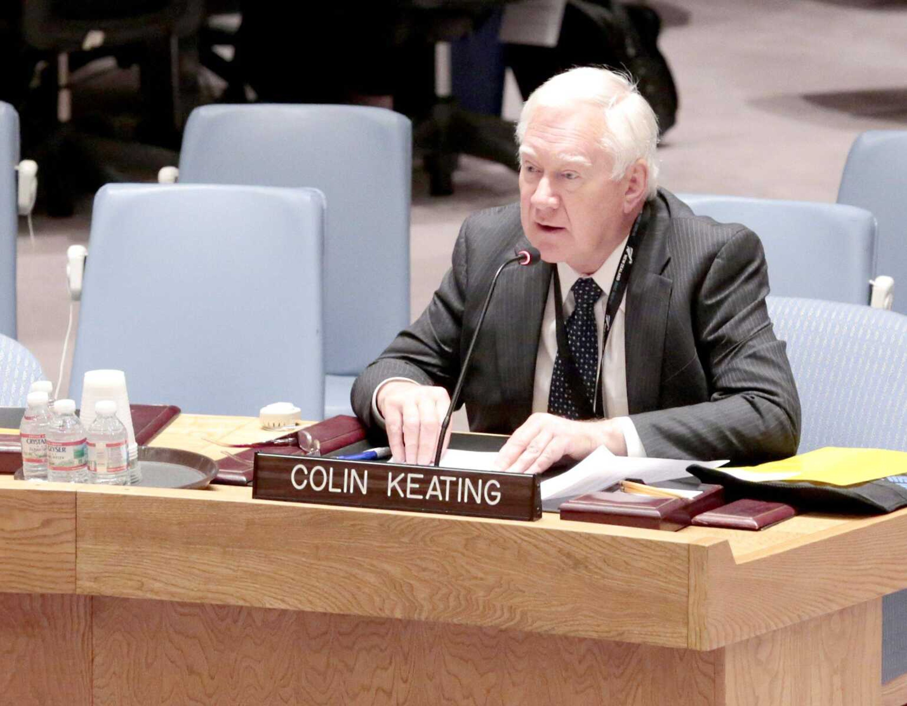 Former New Zealand ambassador Colin Keating addresses an open session of the United Nations Security Council at United Nations Headquarters on Wednesday. Keating, who was president of the Security Council in April 1994, apologized Wednesday for the council&#8217;s refusal to recognize that genocide was taking place in Rwanda and for doing nothing to halt the slaughter of more than 1 million people. (Evan Schneider ~ United Nations)