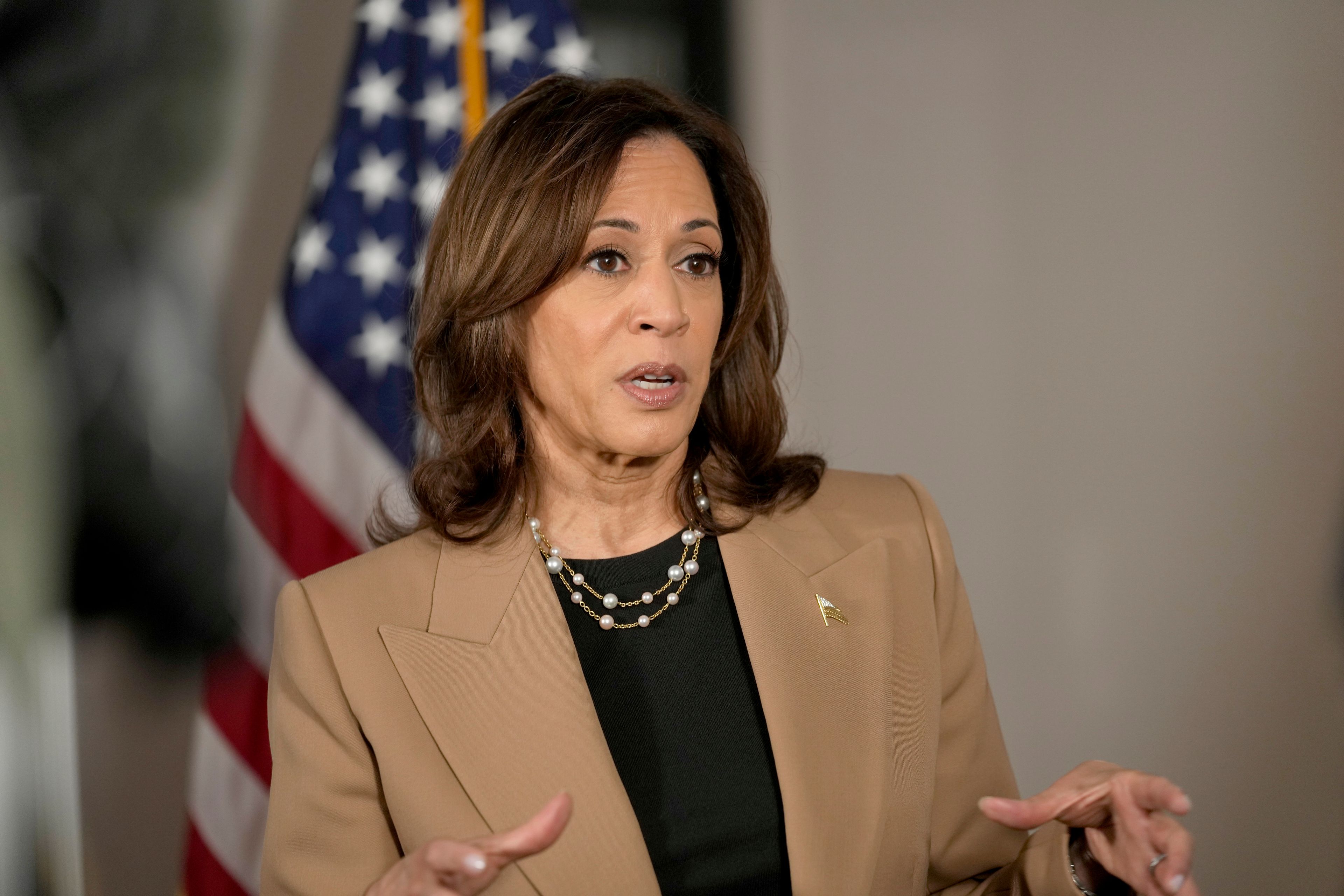 Democratic presidential nominee Vice President Kamala Harris speaks to reporters in Philadelphia, Thursday, Oct. 24, 2024. (AP Photo/Matt Rourke)