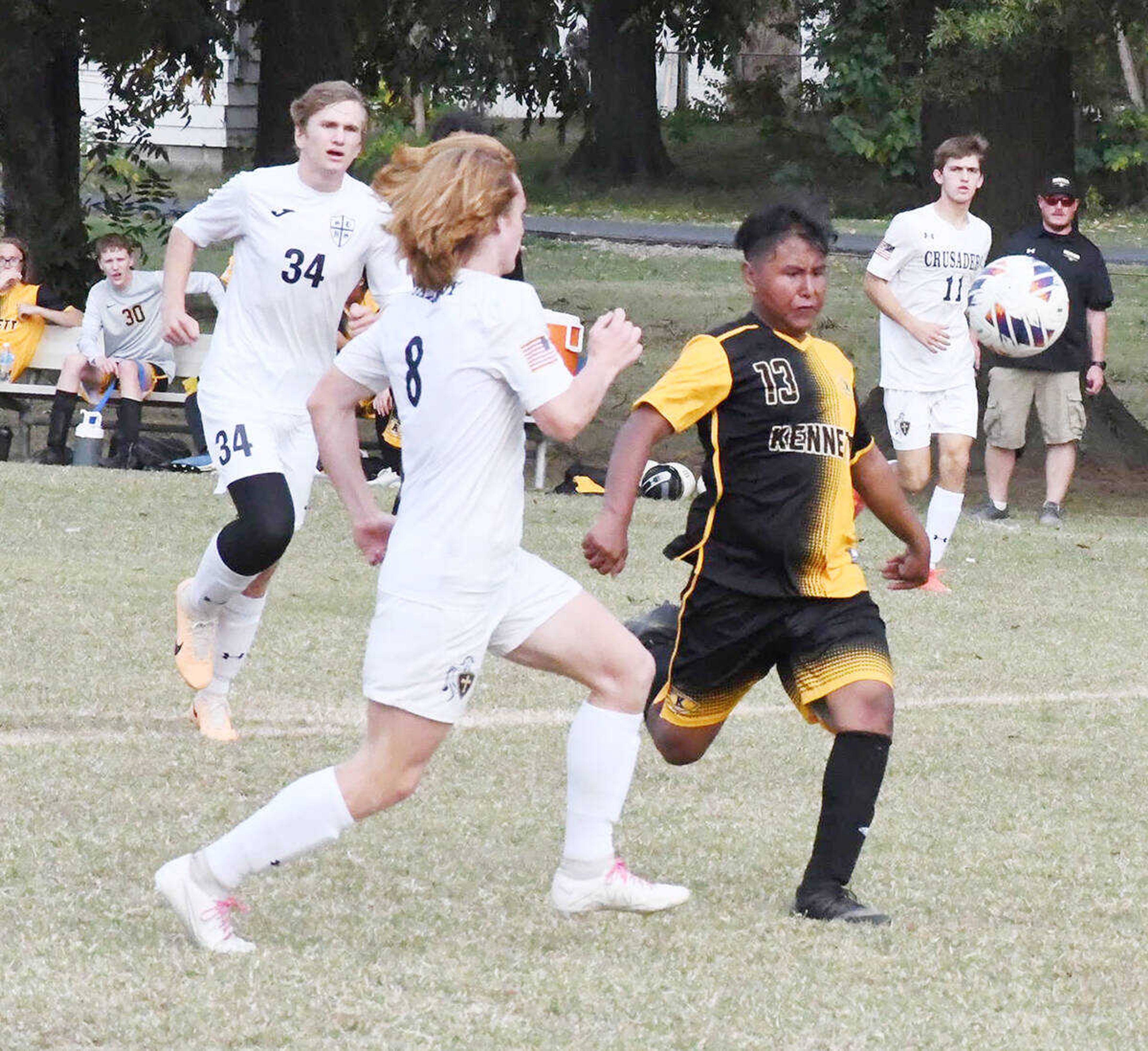 Zeser Martinez vies for possession of the ball during a match versus Saxony Lutheran from Tuesday, Oct. 24, at Indian Park in Kennett. 