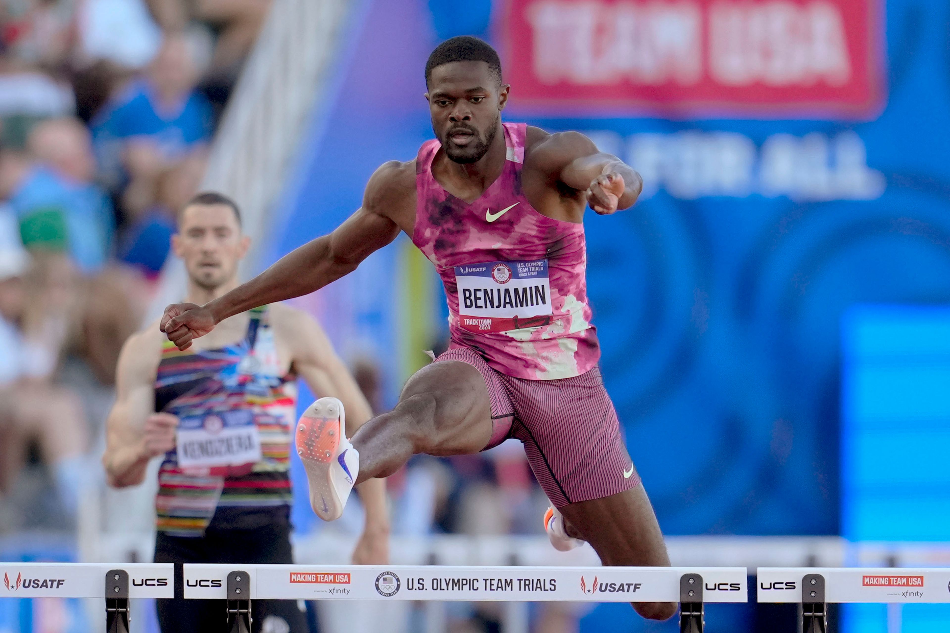 FILE - Rai Benjamin wins a heat men's 400-meter hurdles semi-finals during the U.S. Track and Field Olympic Team Trials on June 28, 2024, in Eugene, Ore. (AP Photo/George Walker IV, File)