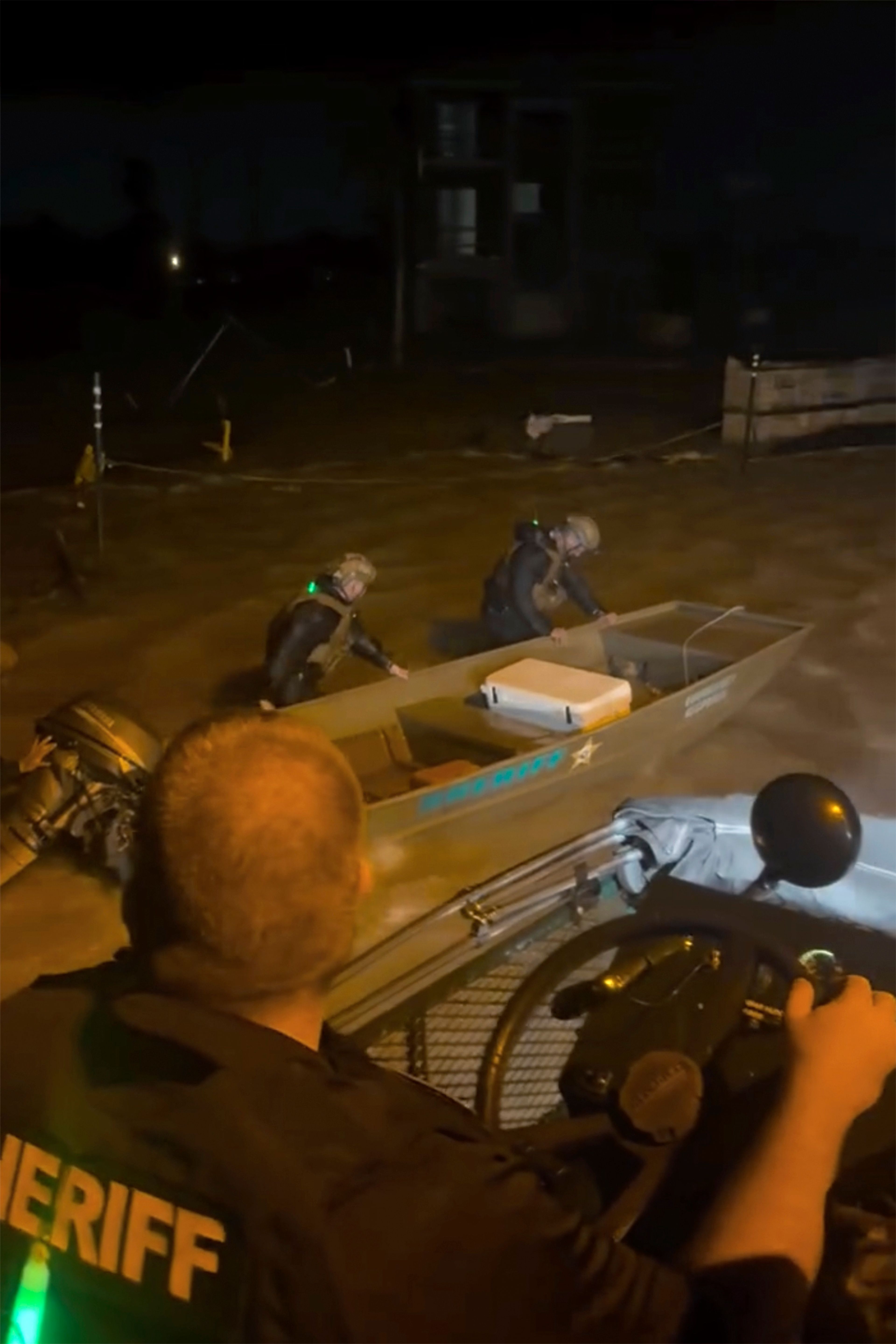 Lee County Sheriff's deputies dispatch a rescue boat to search for people trapped by floodwaters by Hurricane Helene in Fort Myers Beach, Fla., on Thursday, Sept. 26, 2024. (Lee County Sheriff's Office via AP)