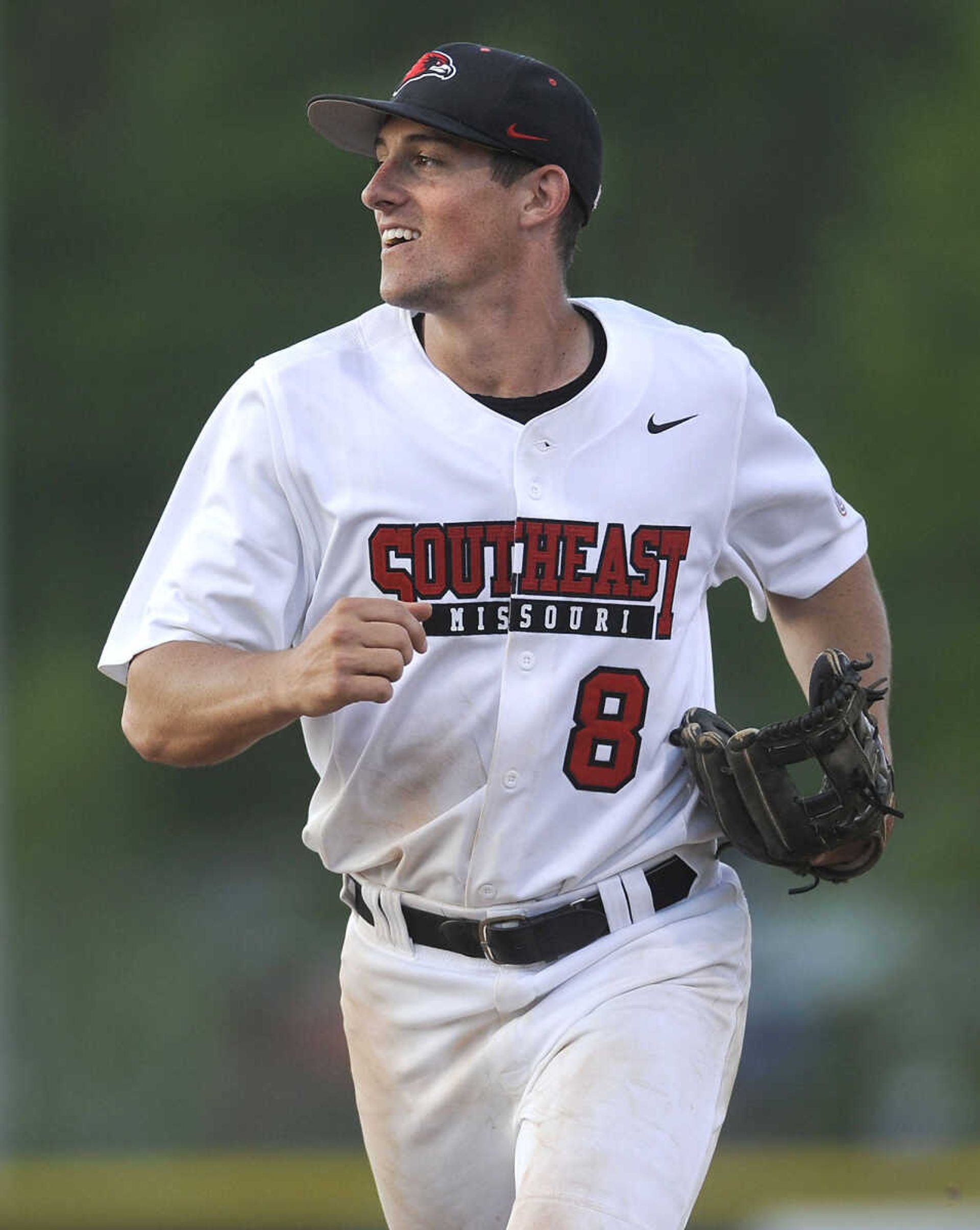 Southeast Missouri State second baseman Jason Blum leaves the infield during a game against Jacksonville State earlier this season at Capaha Field. (Fred Lynch)