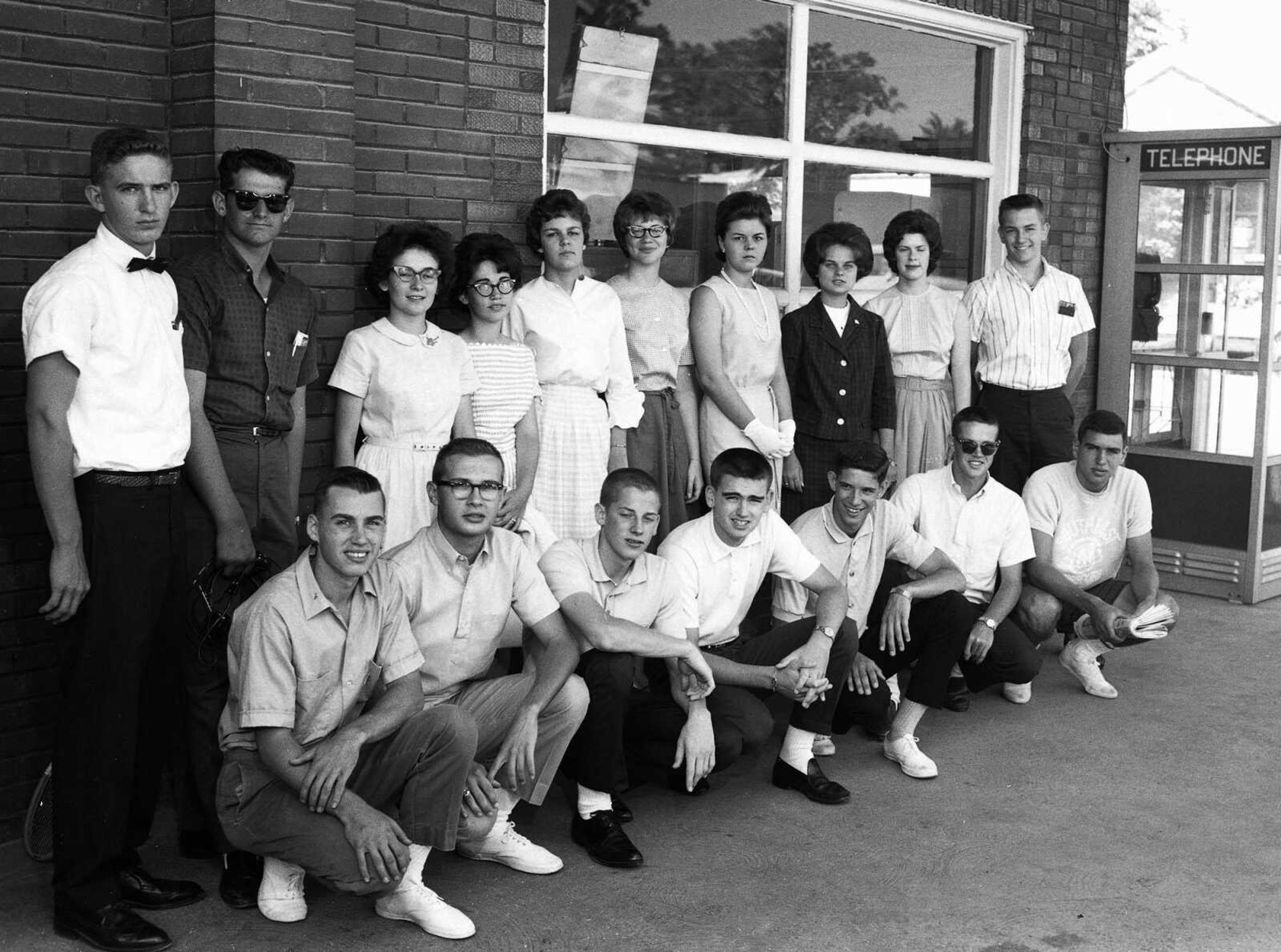 June 21, 1963 Southeast Missourian.
High school pupils from the Cape Girardeau area went by bus to Mexico Sunday to participate in the annual Freedom Forum. From the left, kneeling: Mike Seyer, Dennis Byrne, Mike Daniels, Jim Reynolds and Roger Meinz of Cape Girardeau, George Parker of East Prairie, and Eddie Graham of Charleston. Standing: Wayne Reichert of Caruthersville, James McCullum of Steele, Carolyn Kiefer of Illmo, Dorothy Lee Pottinger of Charleston, Ruth Ann Bartels of Cape Girardeau, Mary Rolwing of Charleston, Nancy Dodson and Becky McGinty of Cape Girardeau, Ann Hemphill of East Prairie and David Ludwig of Jackson. (G.D. Fronabarger/Southeast Missourian archive)