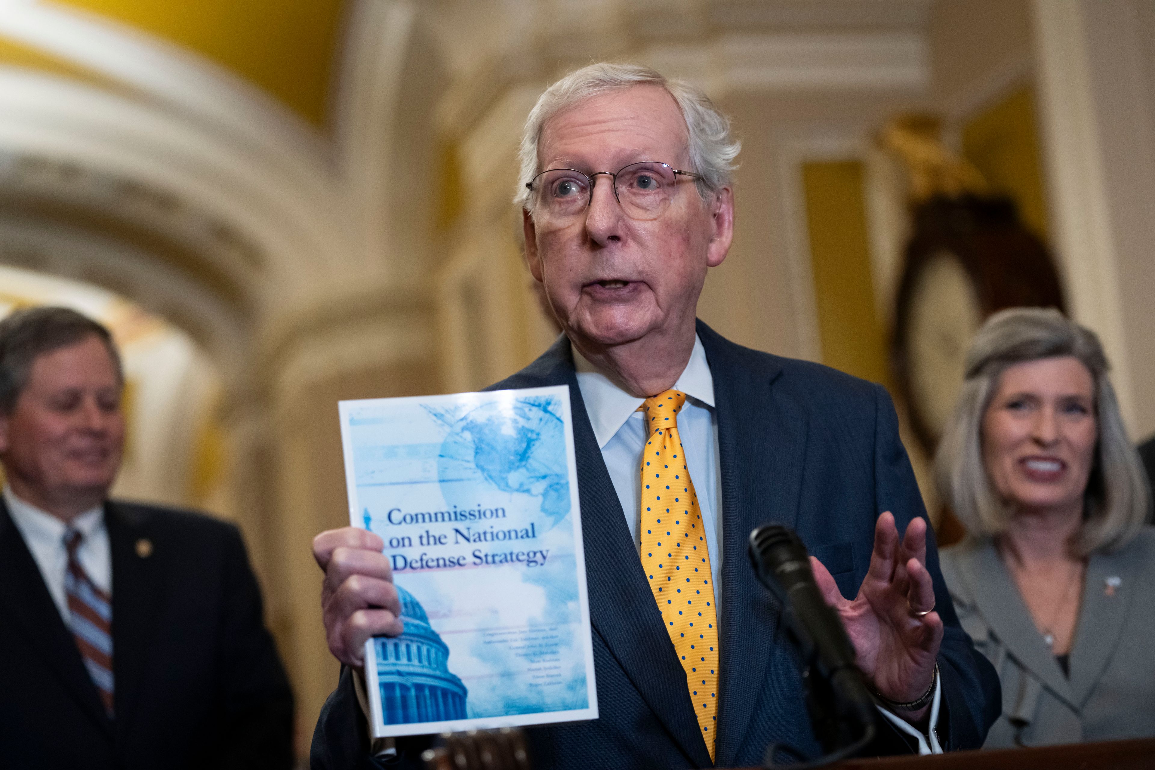 Senate Minority Leader Mitch McConnell, R-Ky., speaks to the media following the Senate Republican policy luncheon at Capitol Hill in Washington, Tuesday, Sept. 17, 2024. (AP Photo/Ben Curtis)