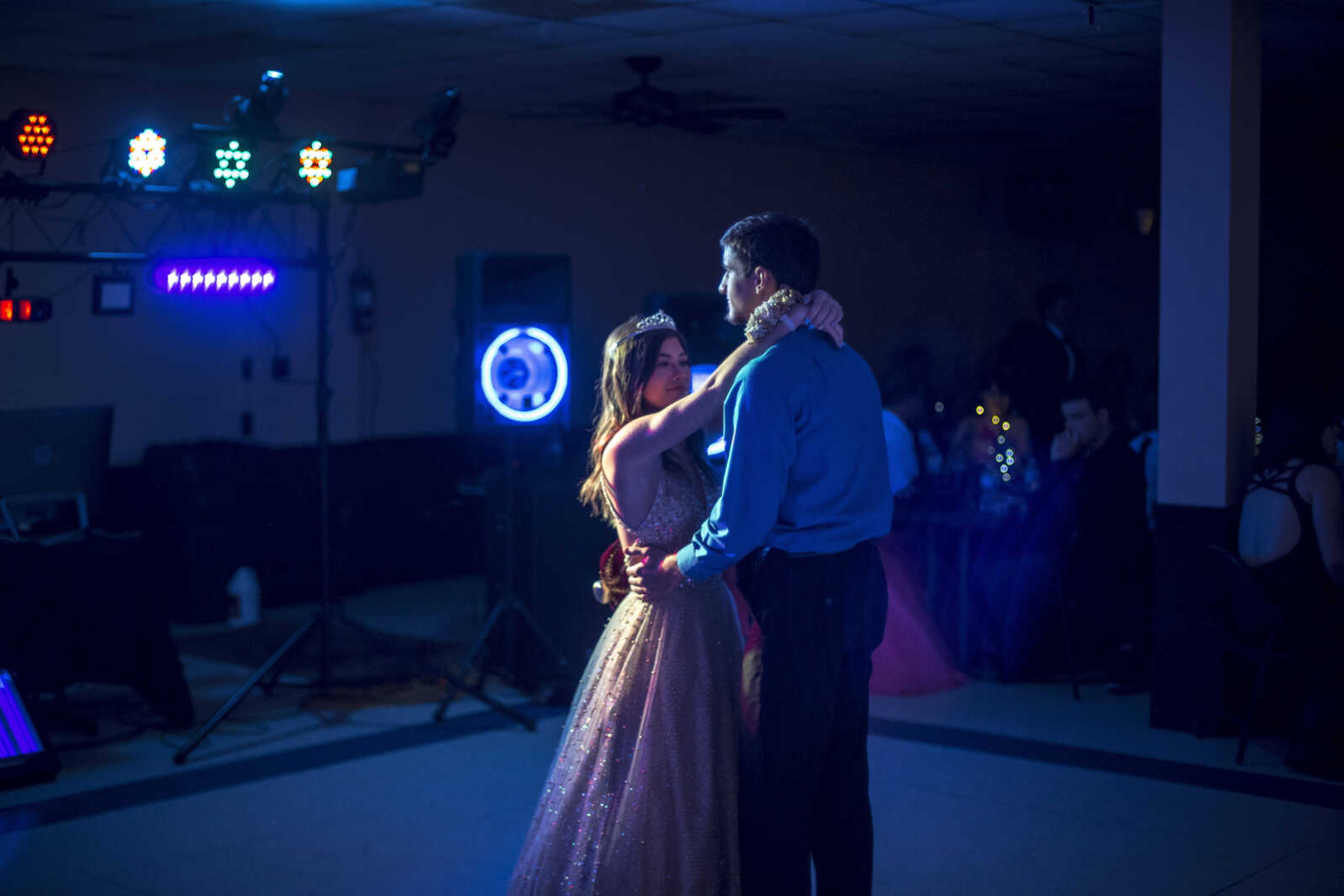 Prom King and Queen Drew Kranawetter and Mollie Thompson dance after being crowned during the Oak Ridge Prom Saturday, April 13, 2019, at the Jackson Elks Lodge in Jackson.