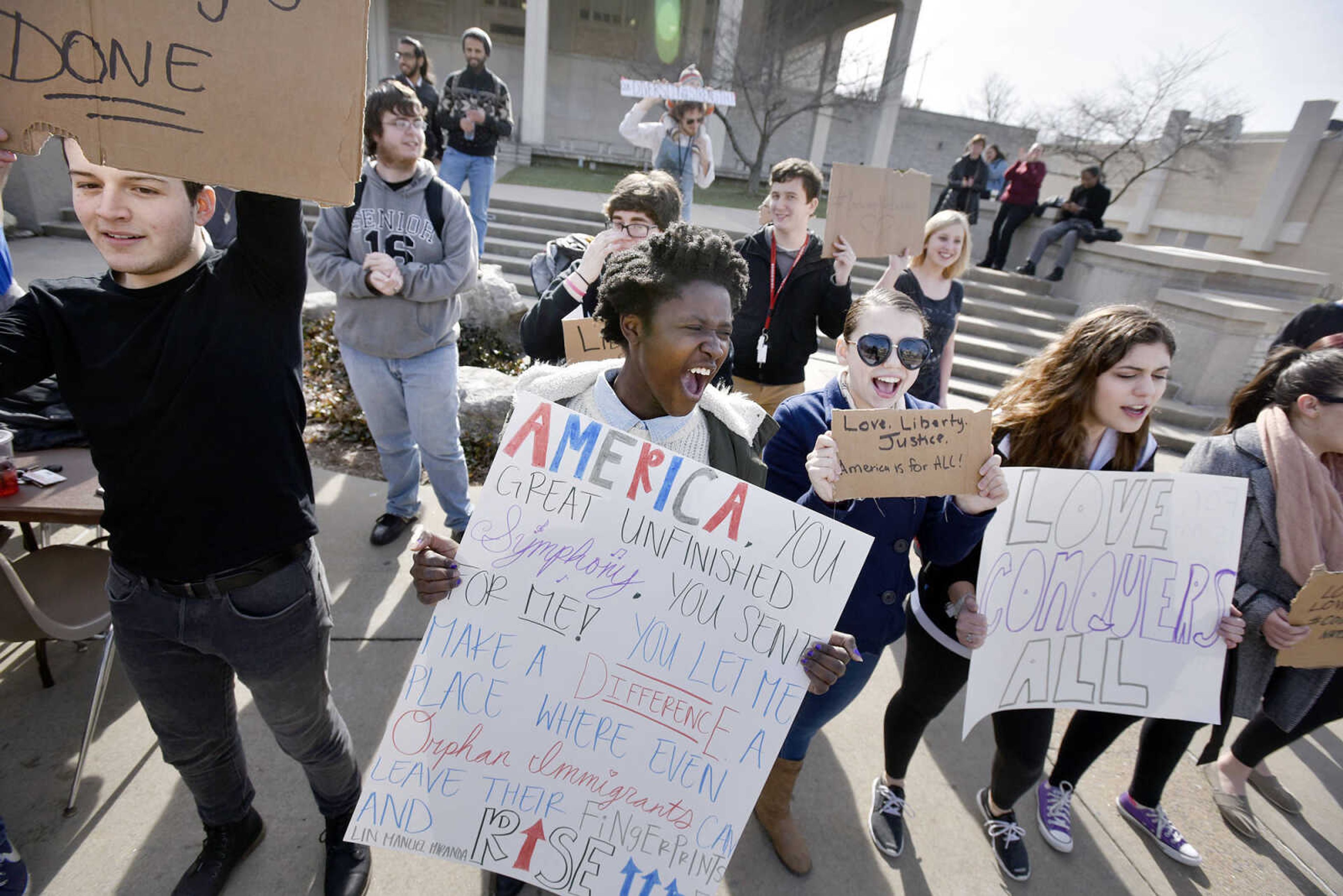 LAURA SIMON ~ lsimon@semissourian.com

Around 60 Southeast Missouri State University students gather together during a human rights protest on Wednesday, Feb. 1, 2017, outside Kent Library in Cape Girardeau.