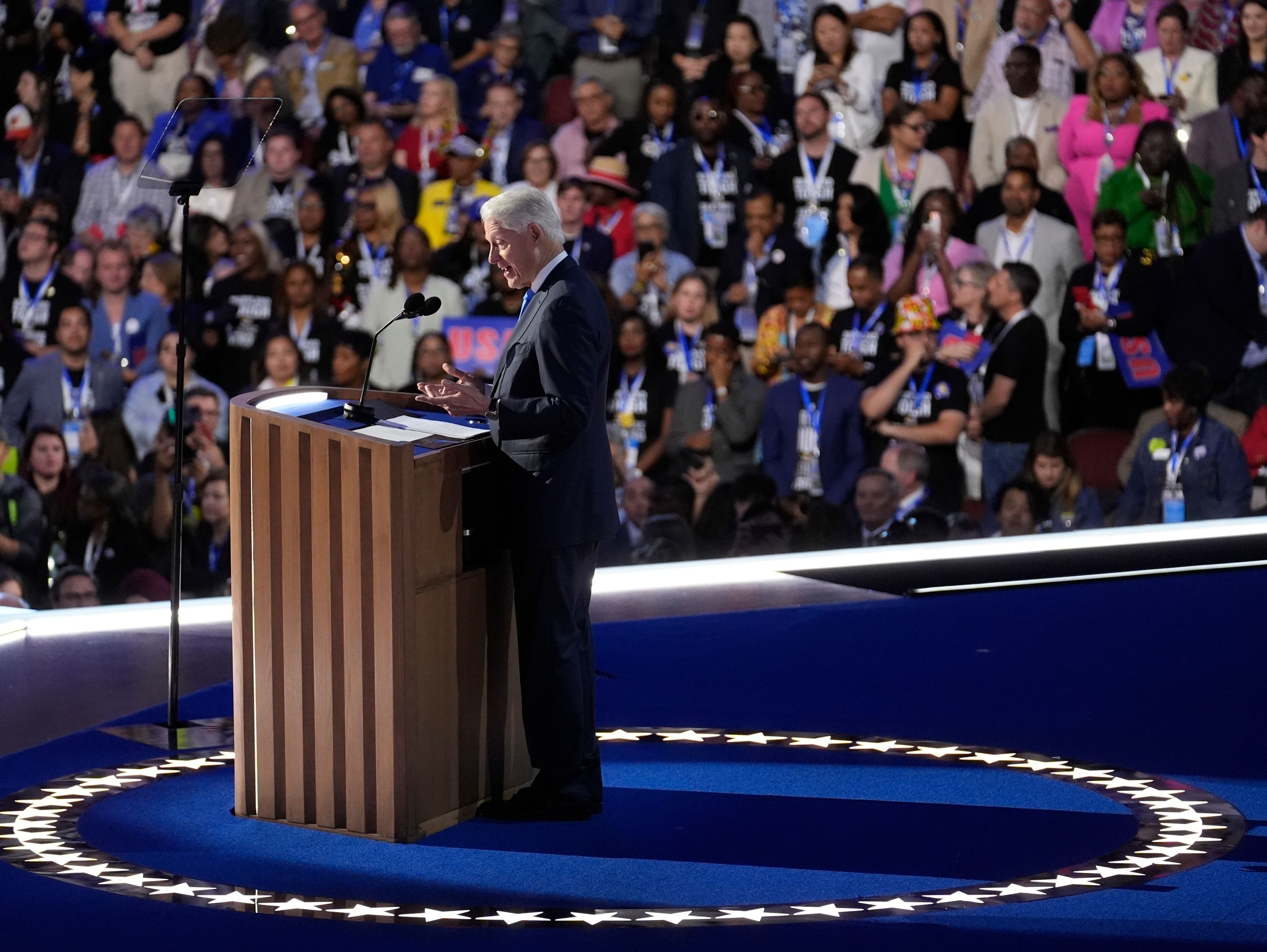 Former President Bill Clinton speaks during the Democratic National Convention Wednesday, Aug. 21, 2024, in Chicago. (AP Photo/Charles Rex Arbogast)