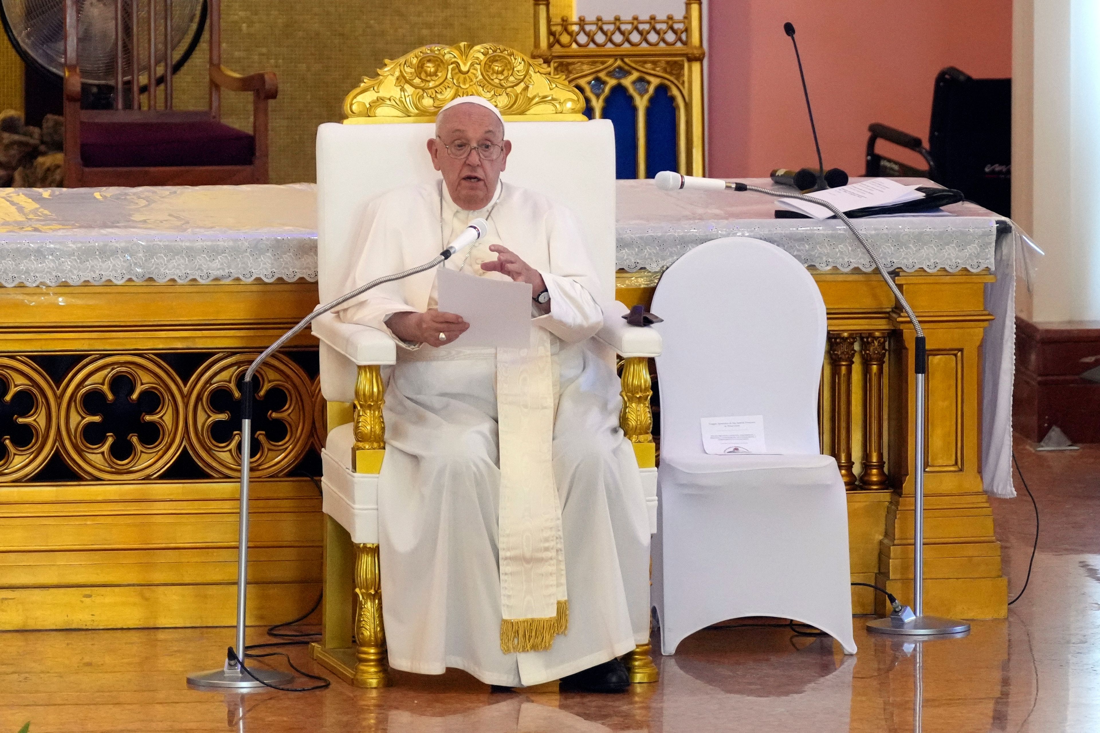 Pope Francis leads the holy mass at the Cathedral of the Immaculate Conception in Dili, East Timor, Tuesday, Sept. 10, 2024. (AP Photo/Dita Alangkara)