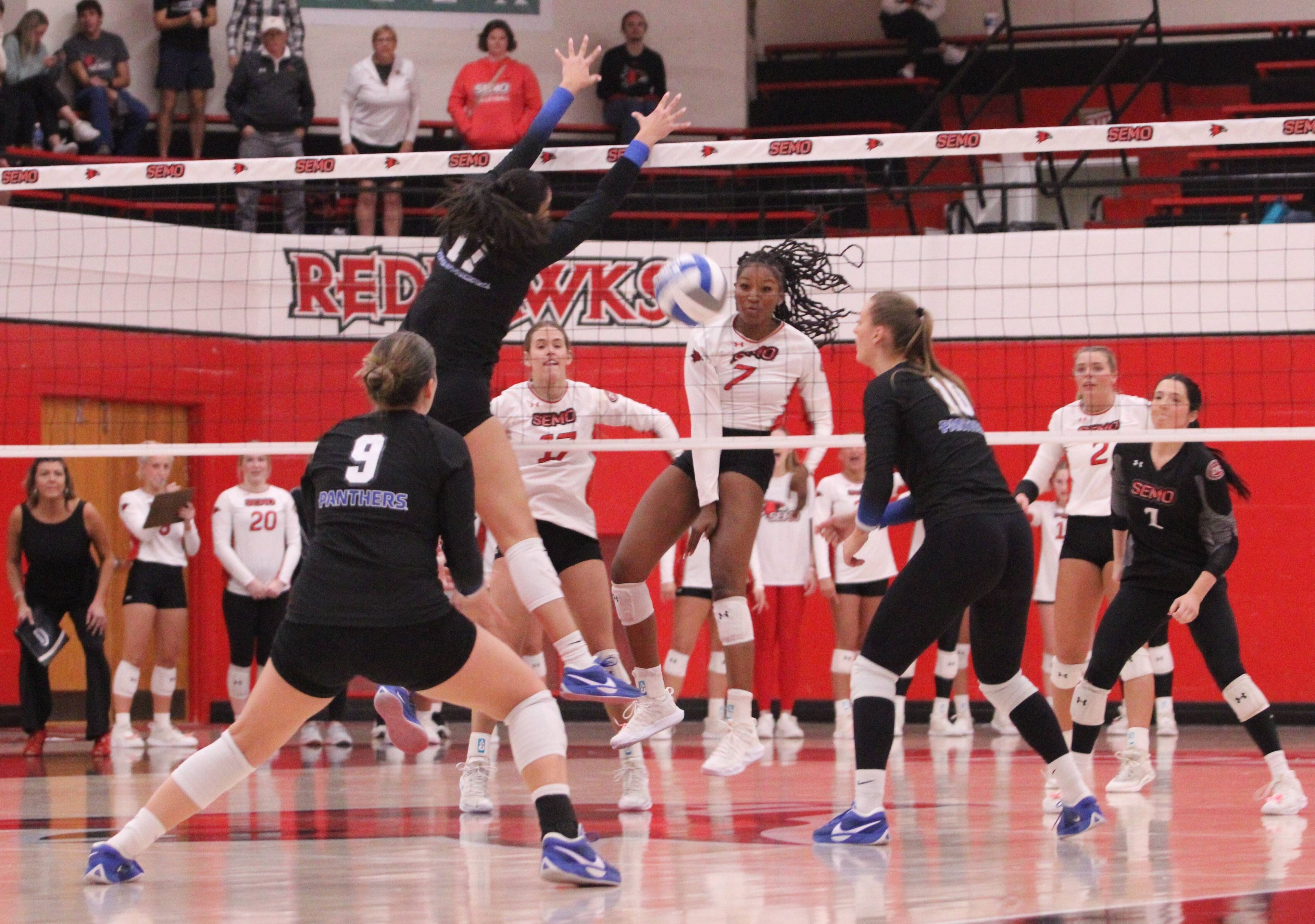 Southeast Missouri State's Ramiri Gardner scores the game-winning kill in its game against Eastern Illinois on Thursday, Oct. 24, at Houck Field House in Cape Girardeau.
