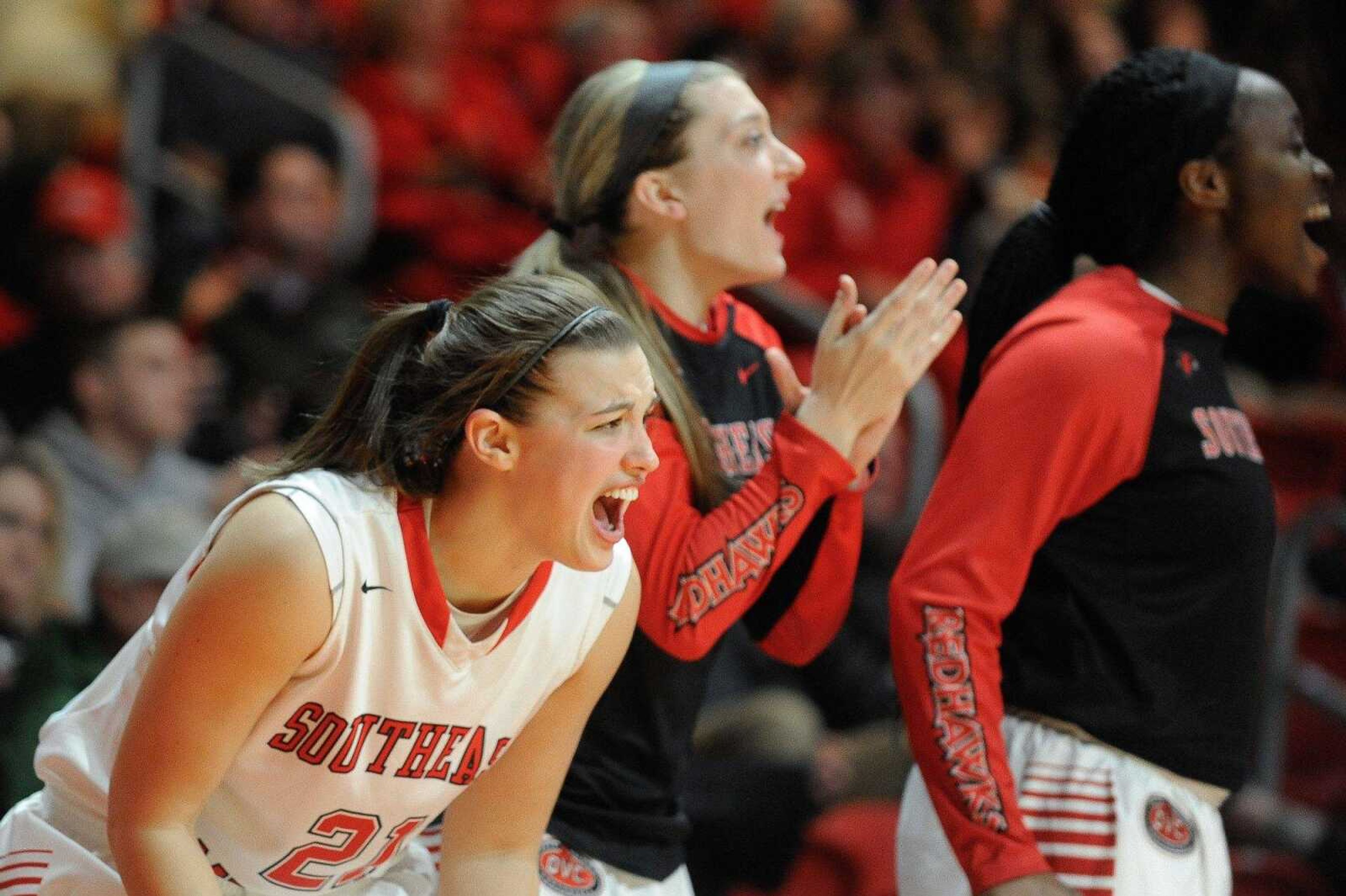 Southeast Missouri State players cheer for their teammates in the fourth quarter against Jacksonville State Wednesday, Jan. 13, 2016 at the Show Me Center. (Glenn Landberg)