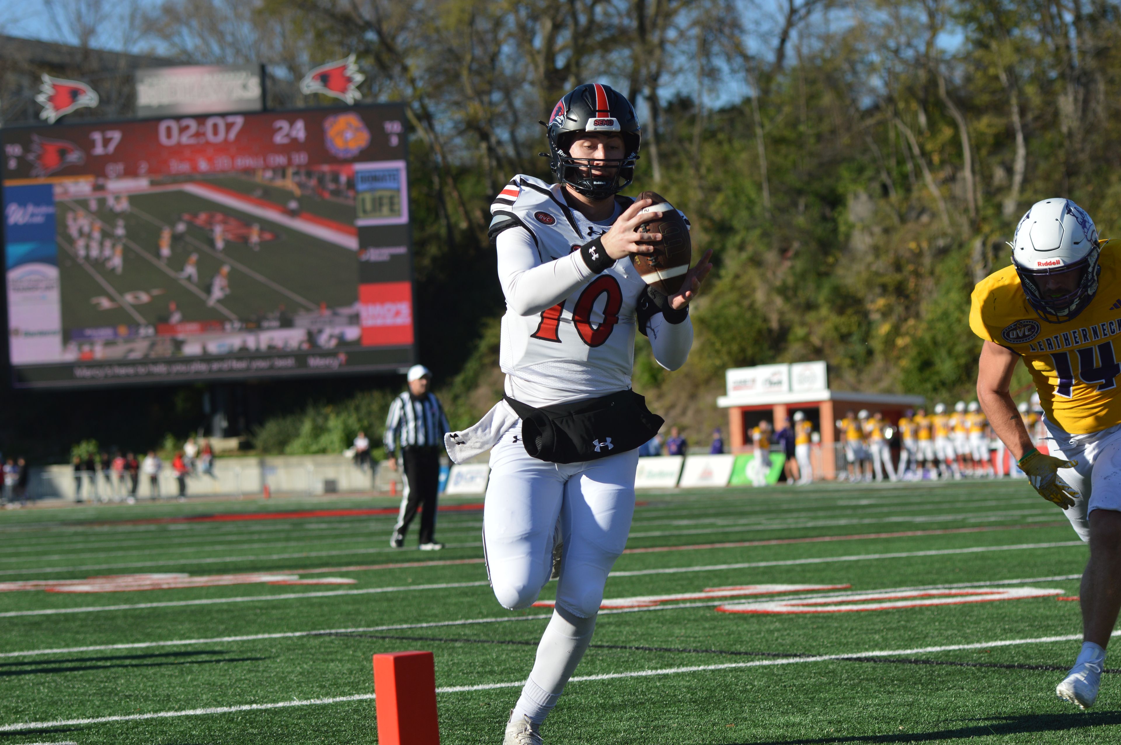 SEMO senior quarterback Paxton DeLaurent coasts into the end zone for a rushing touchdown against Western Illinois on Saturday, Nov. 16.