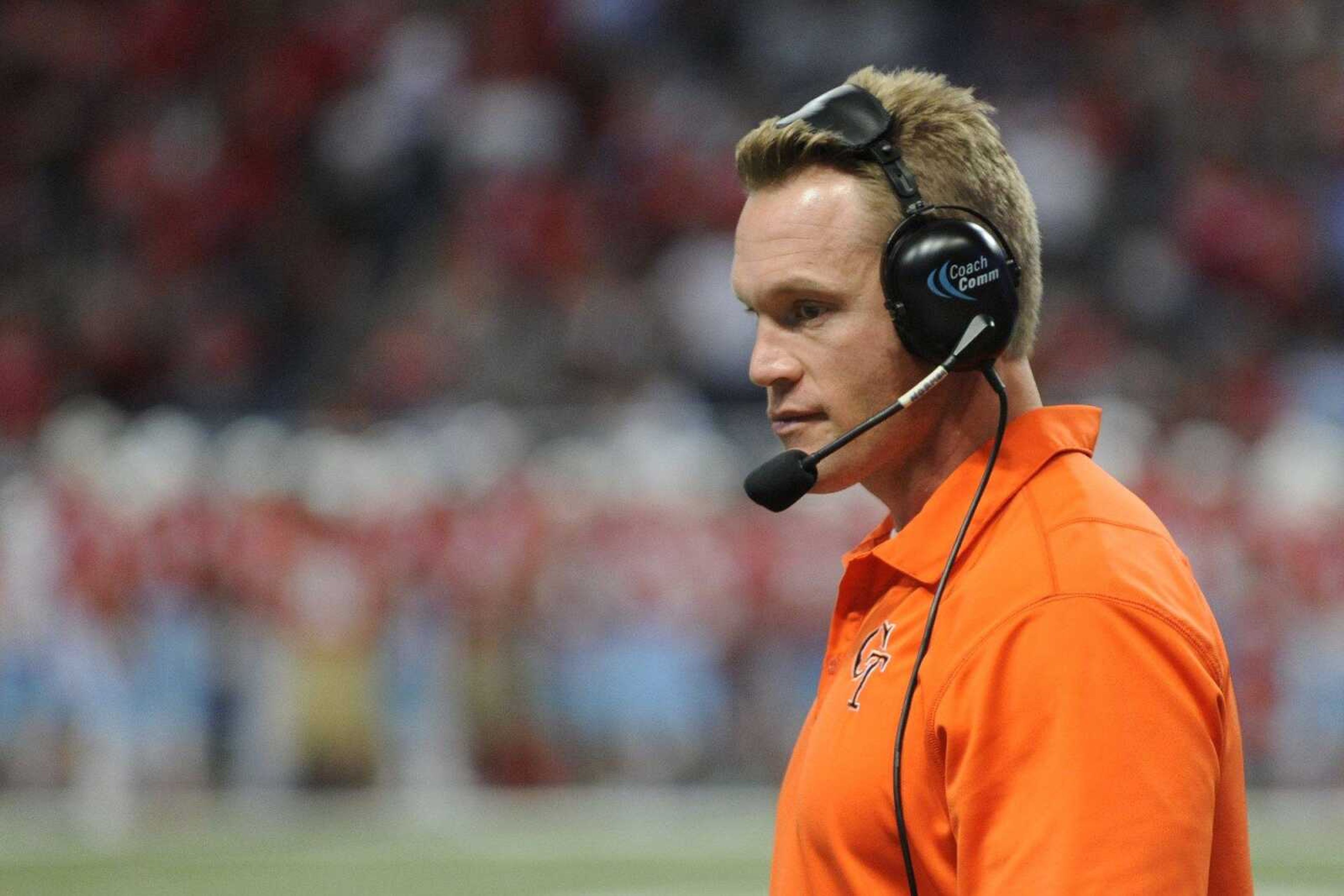 Central coach Nathan Norman walks the sidelines during the Class 4 state championship against Webb City Saturday, Nov. 29, 2014 at the Edward Jones Dome in St. Louis. (Glenn Landberg)