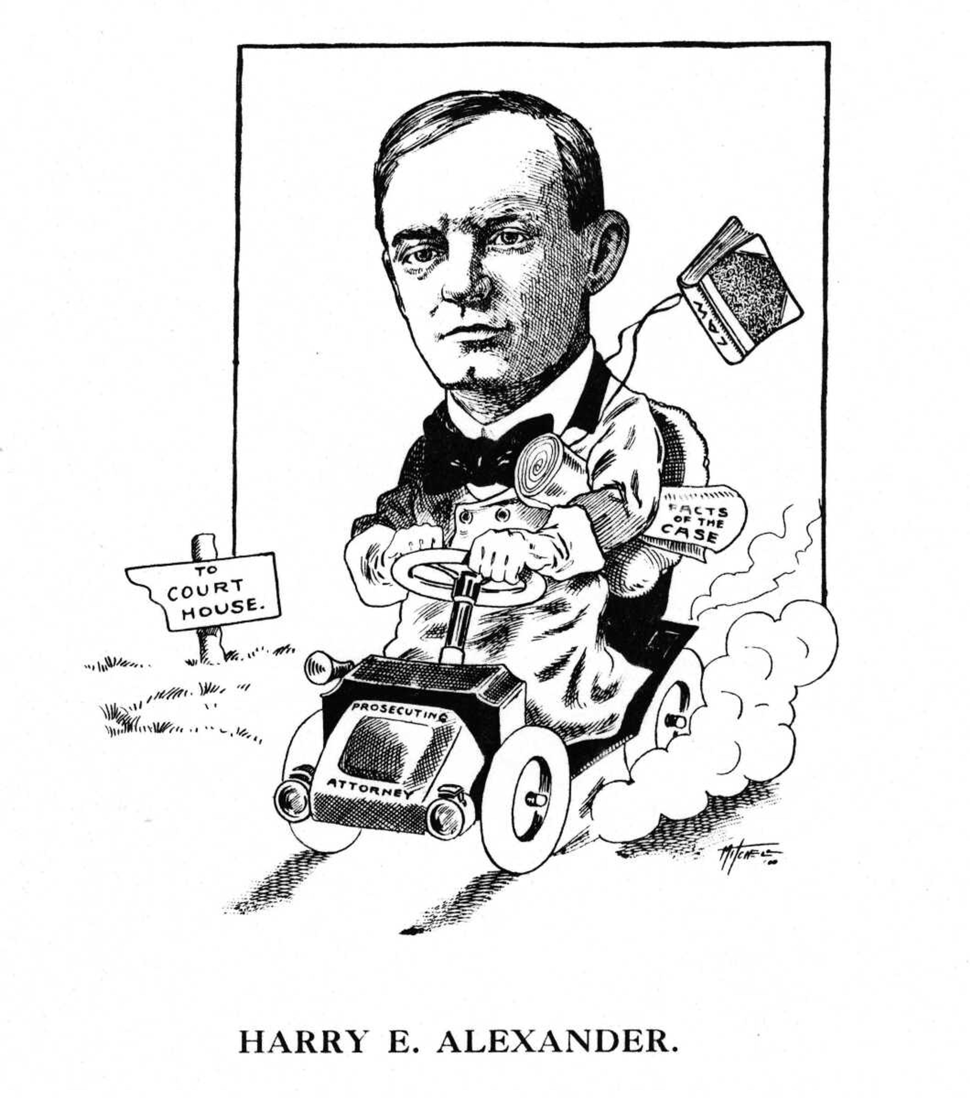 While one would think that the prosecuting attorney of a big county like Cape Girardeau would have more than he could attend to if he confined his attention solely to his official duties, such is not now the case. The present prosecuting attorney never puts anything off till tomorrow, and his duties are looked after as they come to him.
So Harry E. Alexander, prosecuting attorney of Cape Girardeau County, has time to do other things beside prosecute. He owns a lot of property in this city, and has time to assist in Commercial Club matters looking toward the betterment of Cape Girardeau. He is always ready to do his share of work for his town, and never misses an opportunity to say good words for Cape Girardeau.