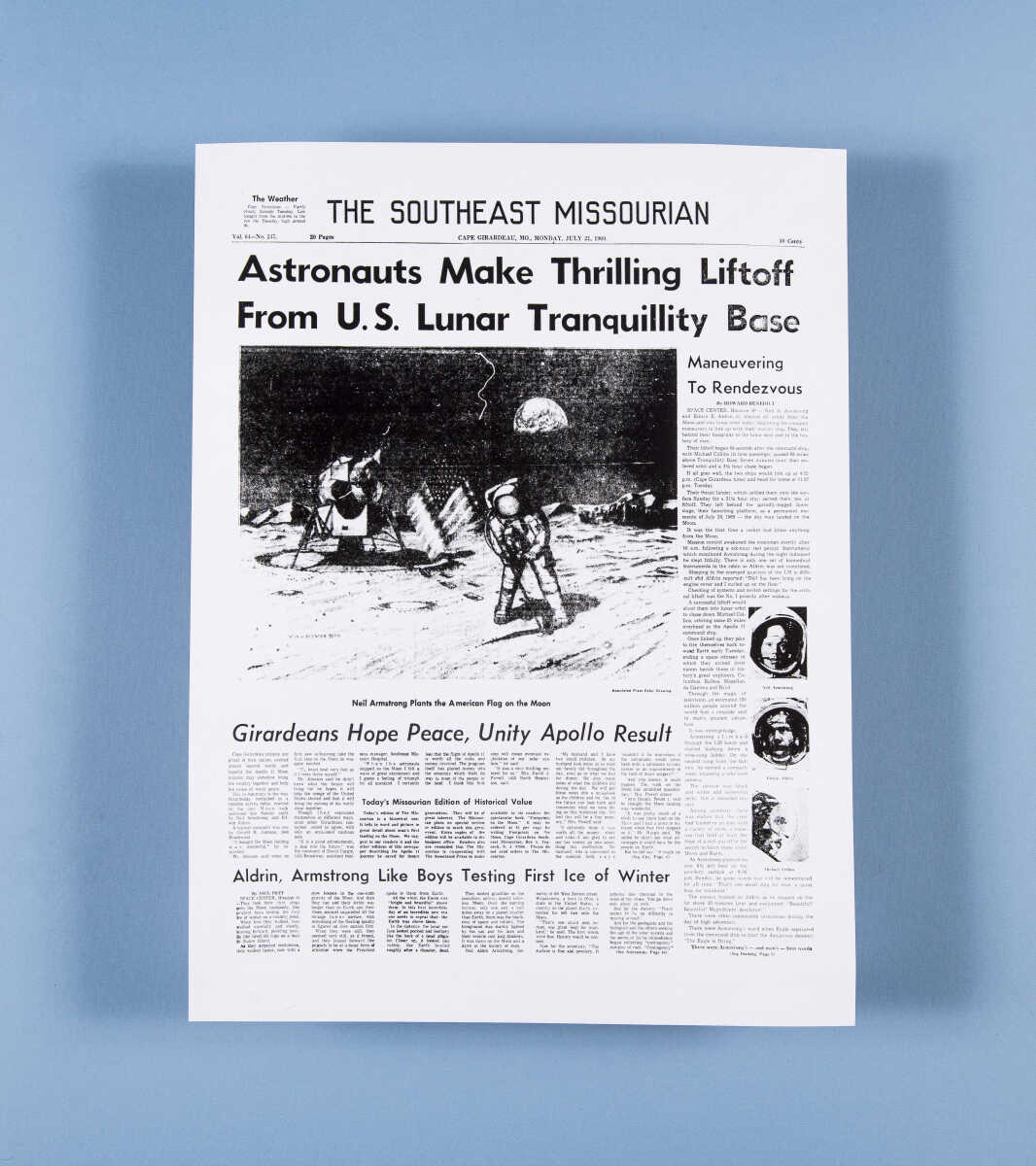 The Southeast Missourian front page from the Monday following the lunar landing is seen on the Friday before the historic landing's 50th anniversary.