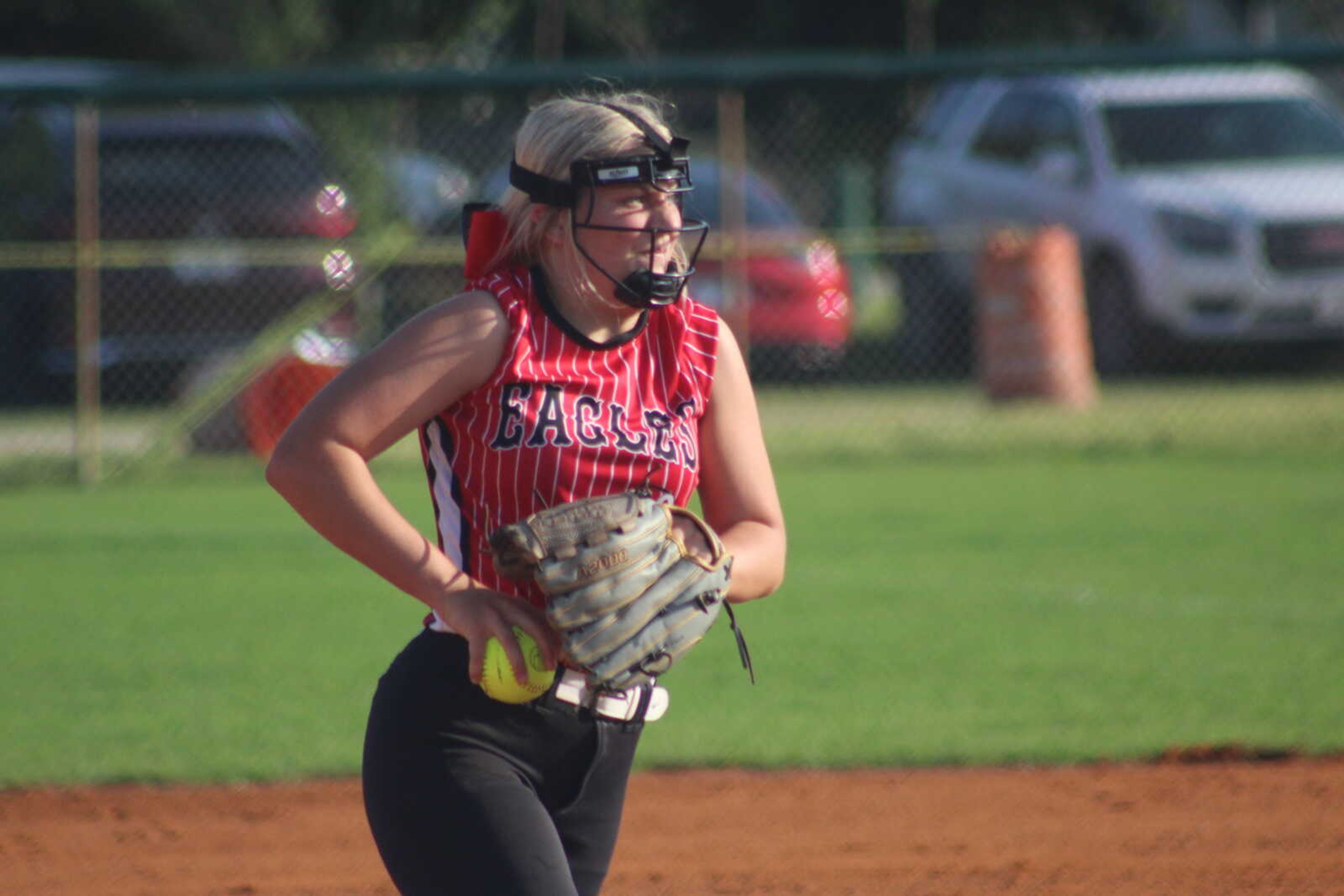 East Prairie Lady Eagles pitcher Riley Wilson in the circle Tuesday at the 2024 MHSAA Class 2 District 1 Tournament championship game against the Kennett Lady Indians at Malden.