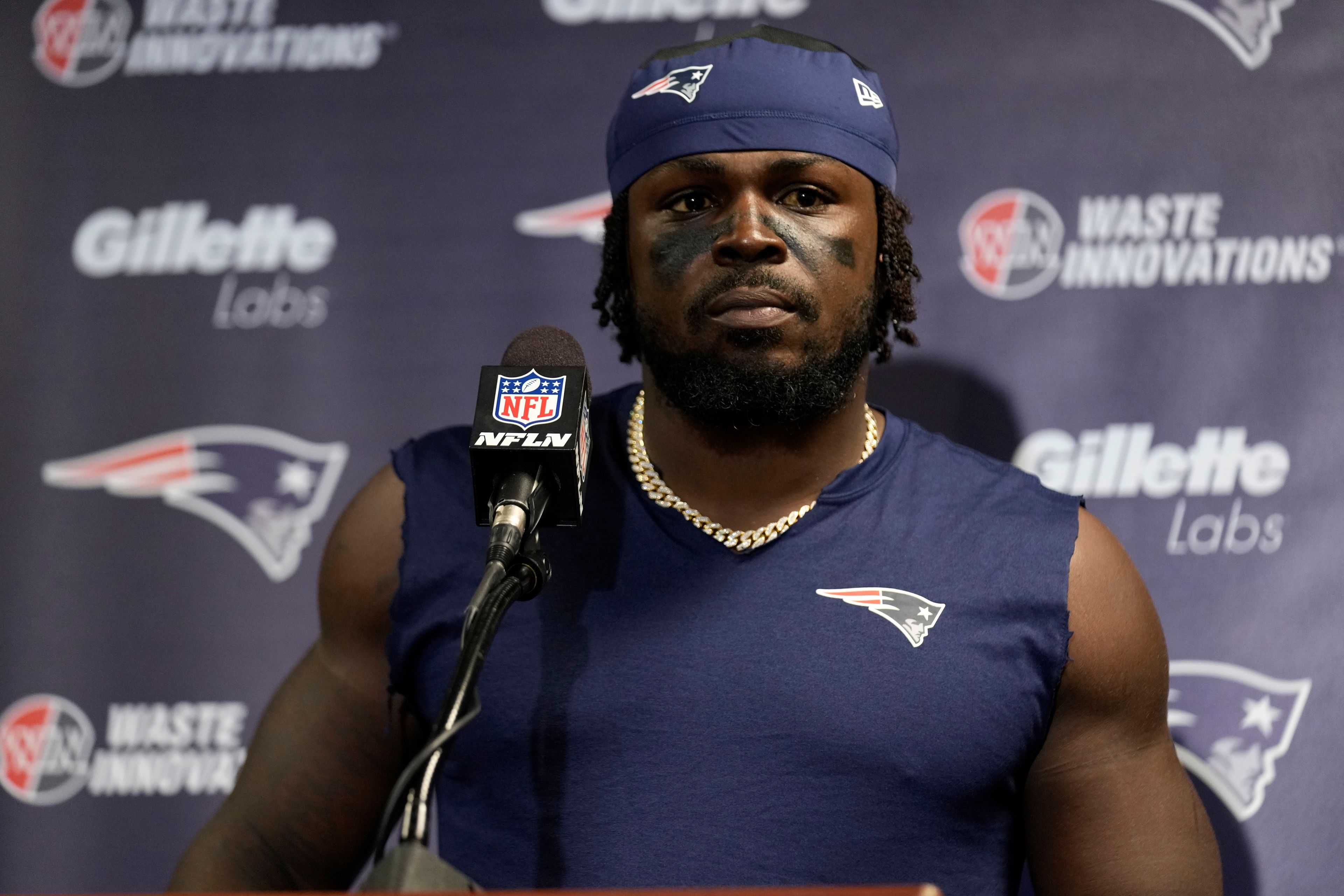 FILE - New England Patriots safety Jabrill Peppers answers questions during a news conference after playing against the New York Jets in an NFL football game, Sept. 19, 2024, in East Rutherford, N.J. (AP Photo/Seth Wenig, file)