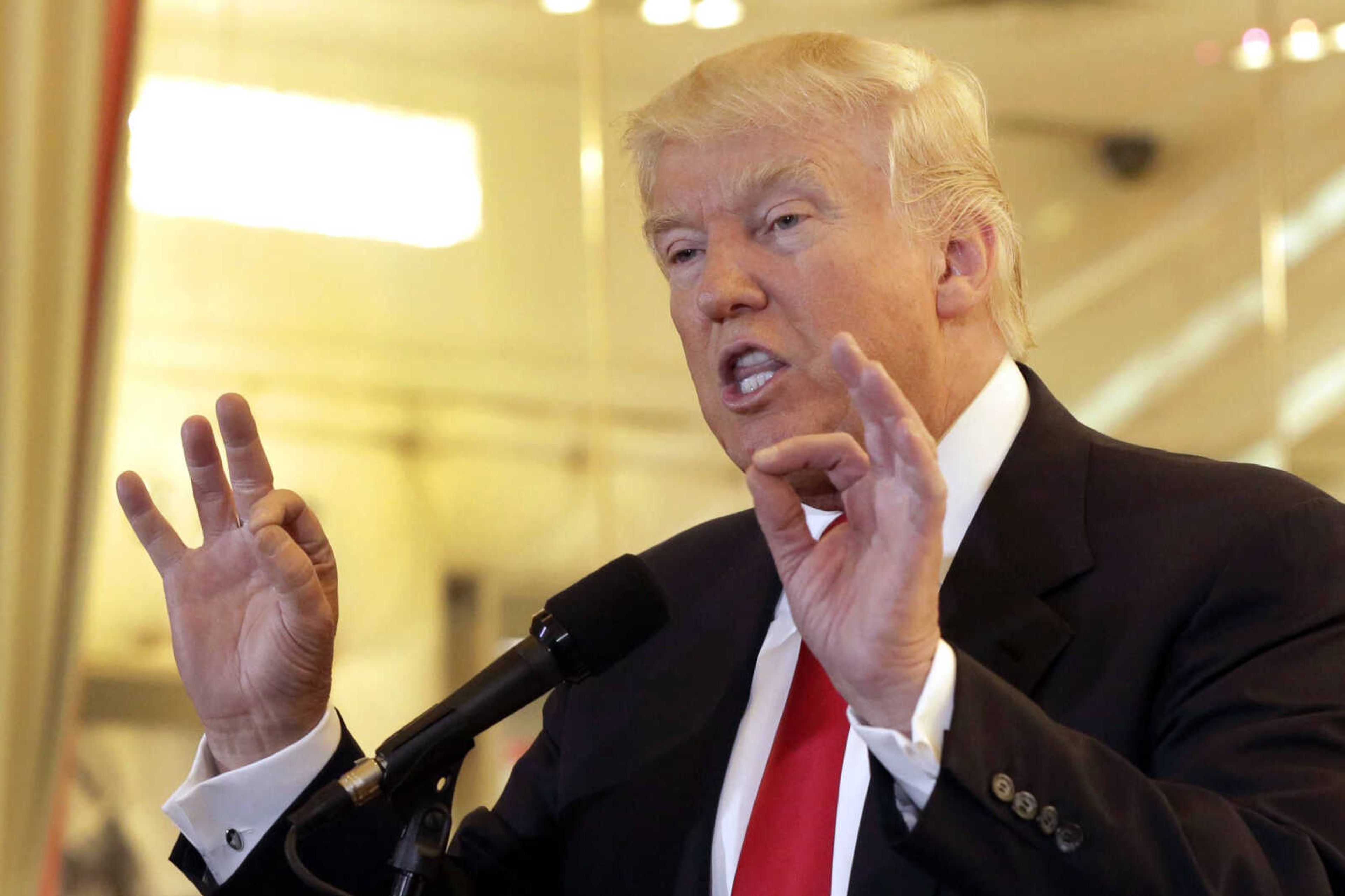 Republican presidential candidate Donald Trump answers questions during a news conference Tuesday in New York.