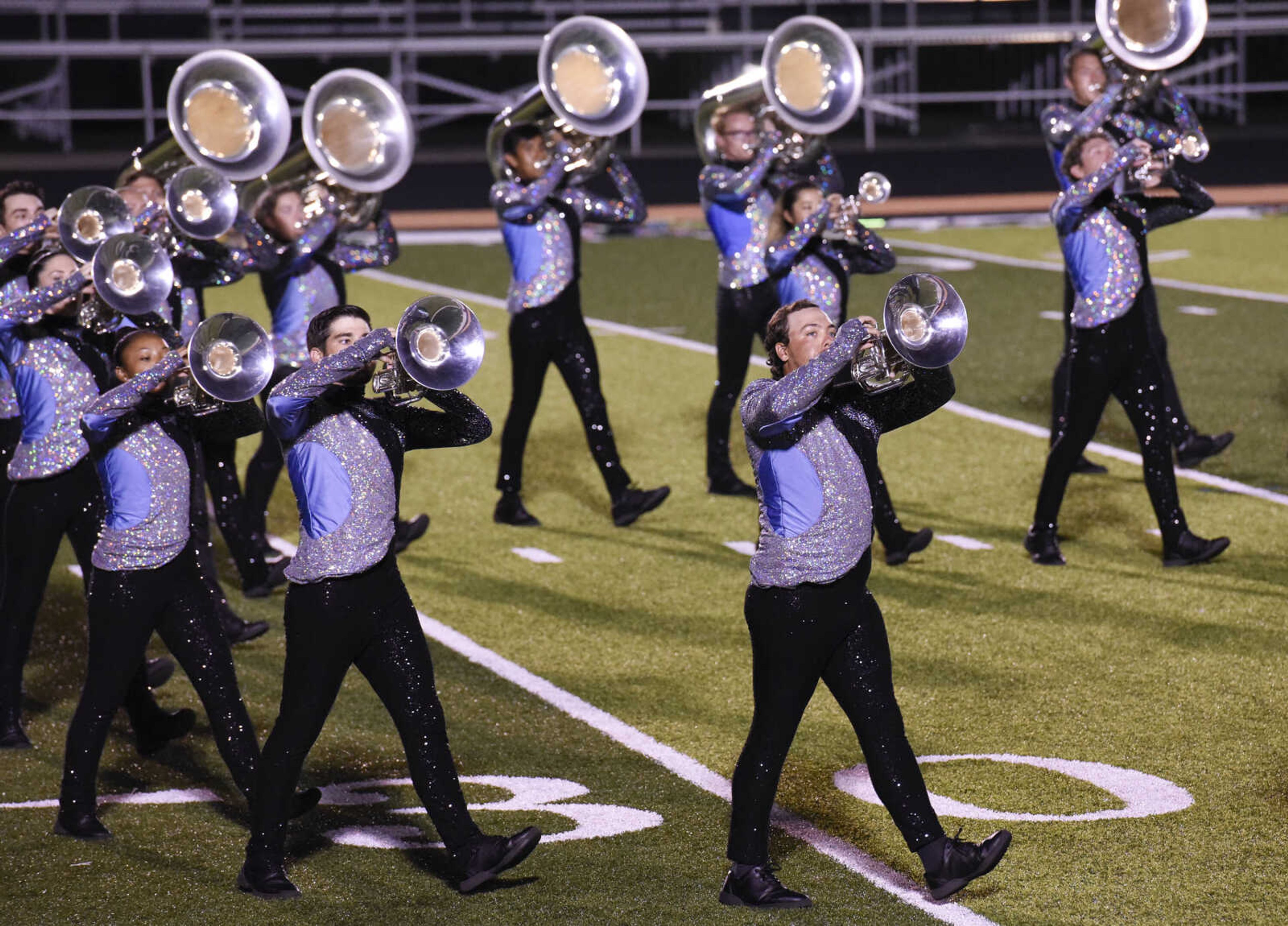 Blue Knights from Denver, Colorado perform during the Drum Corps International program "Drums Along the Mississippi" at the Cape Central High School field Tuesday Aug. 10, 2021.