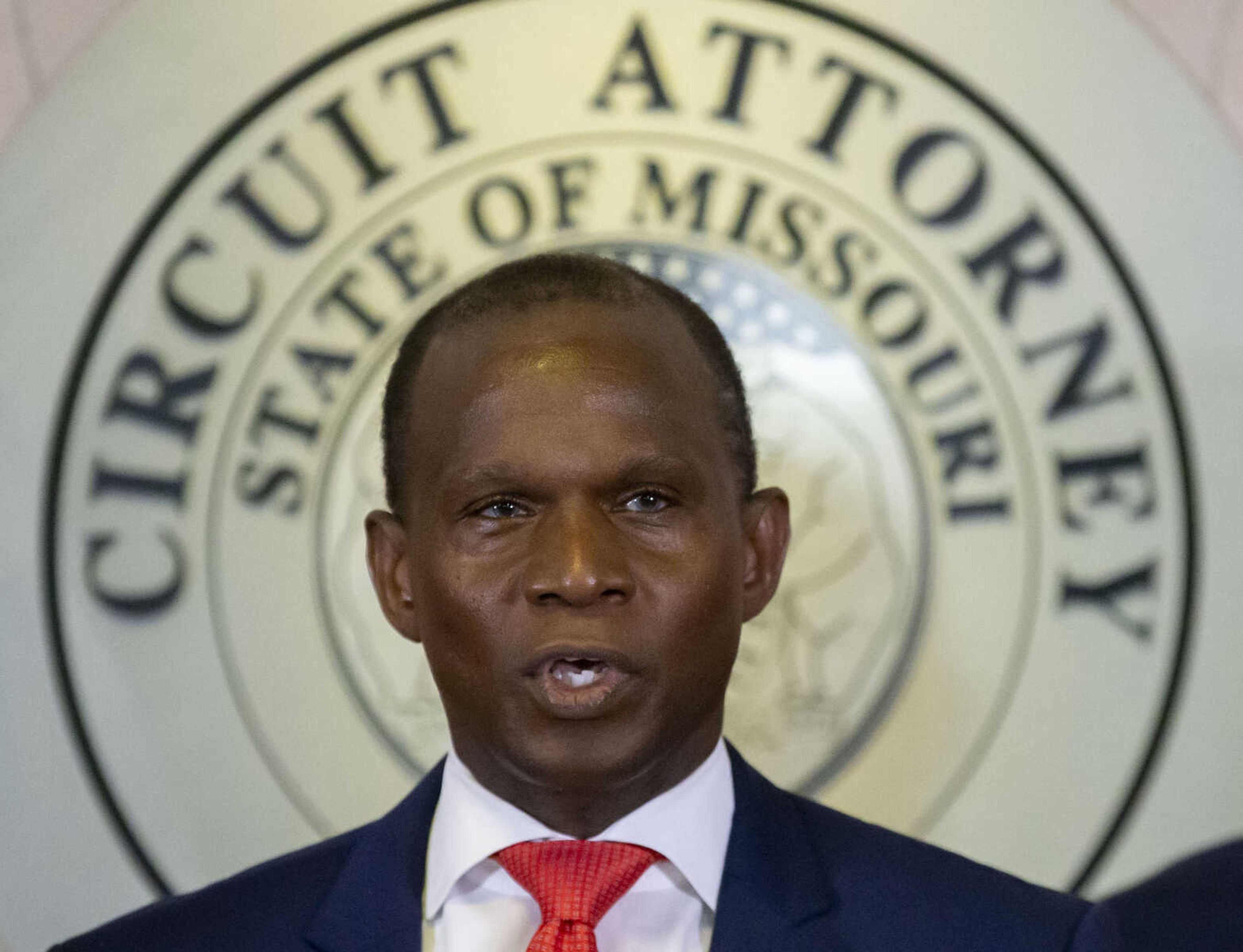 Gabe Gore speaks during a news conference May 19 at the Carnahan Courthouse in St. Louis.