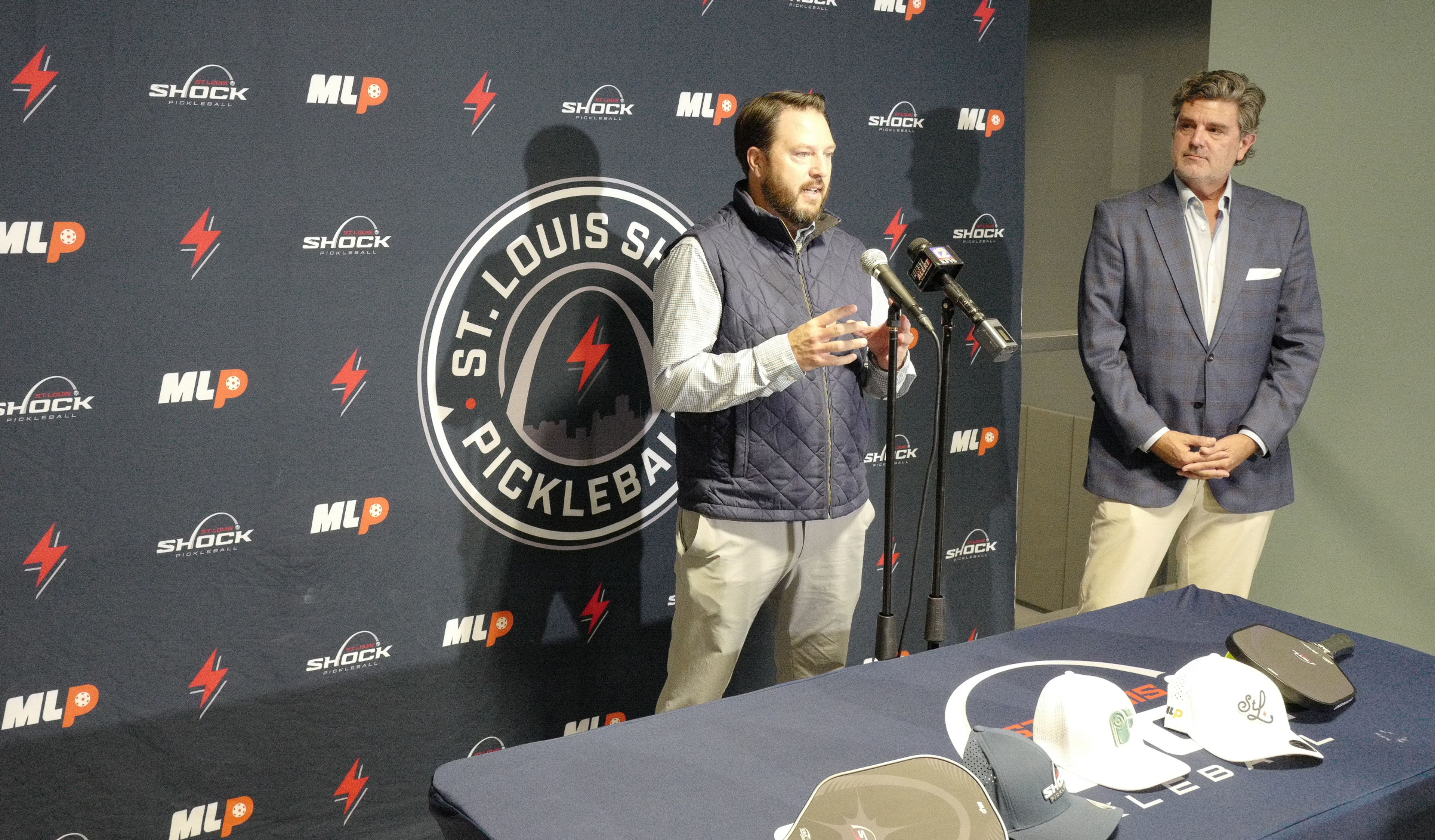 Andrew Haines, left, the chief operating officer of the St. Louis Shock pickleball team, said the franchise aims to promote and grow the game of pickleball across Missouri, including collaborating with local pickleball facilities.