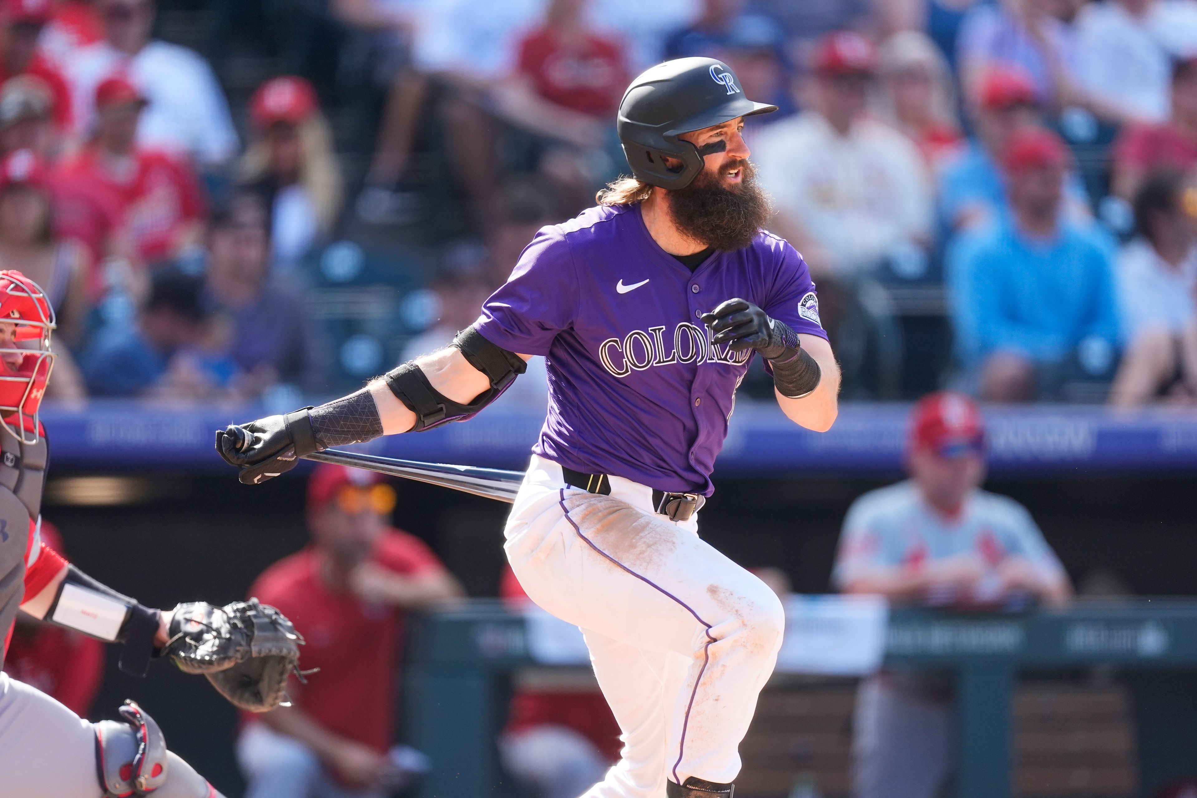 Colorado Rockies' Charlie Blackmon grounds out against St. Louis Cardinals relief pitcher Steven Matz to end the sixth inning of a baseball game Thursday, Sept. 26, 2024, in Denver. (AP Photo/David Zalubowski)