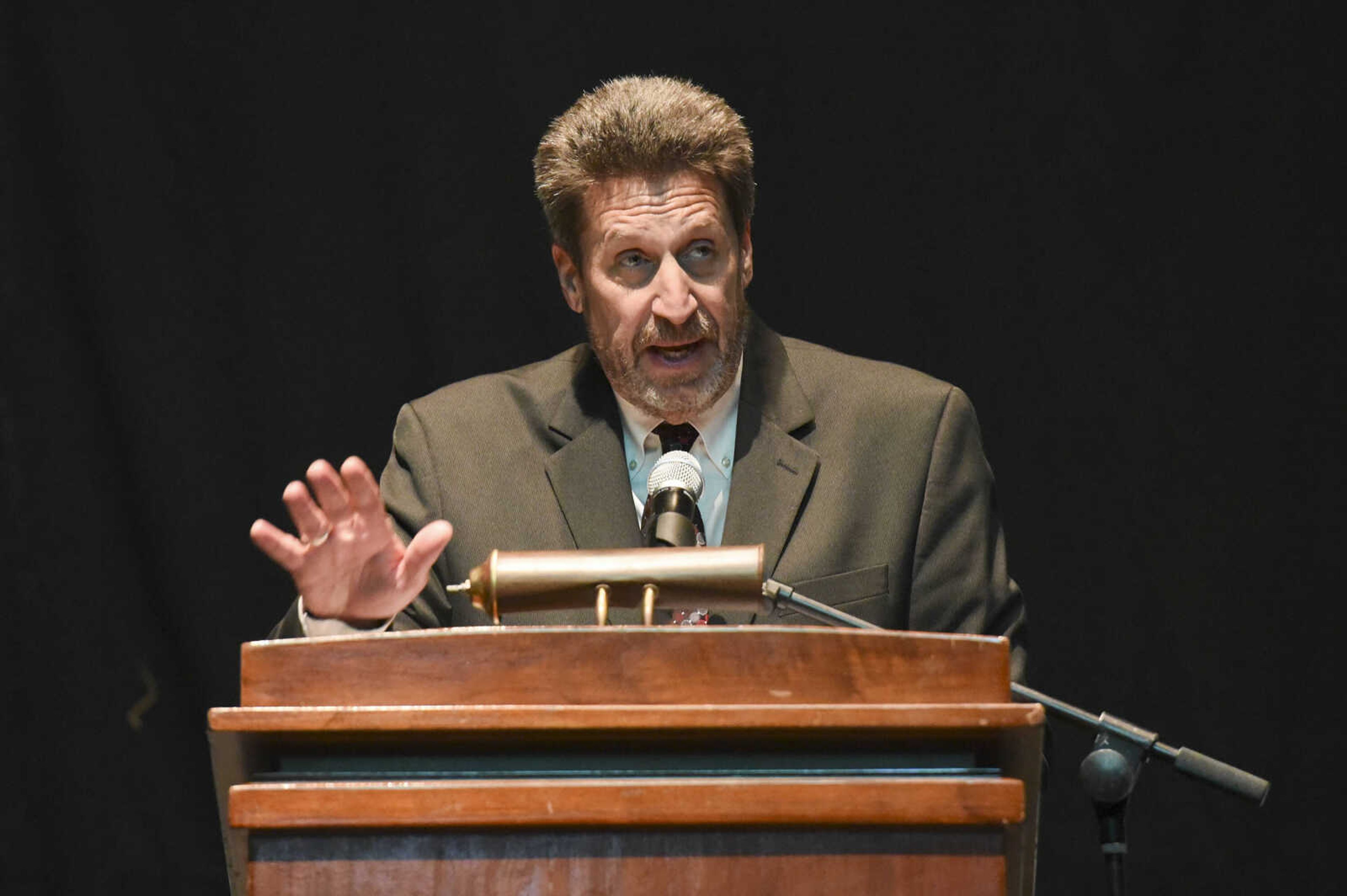 John Mehner makes a speech after accepting the 2021 Rush H. Limbaugh Award during the 2021 Annual Cape Chamber Dinner Thursday, Oct. 21, at the Show Me Center in Cape Girardeau.