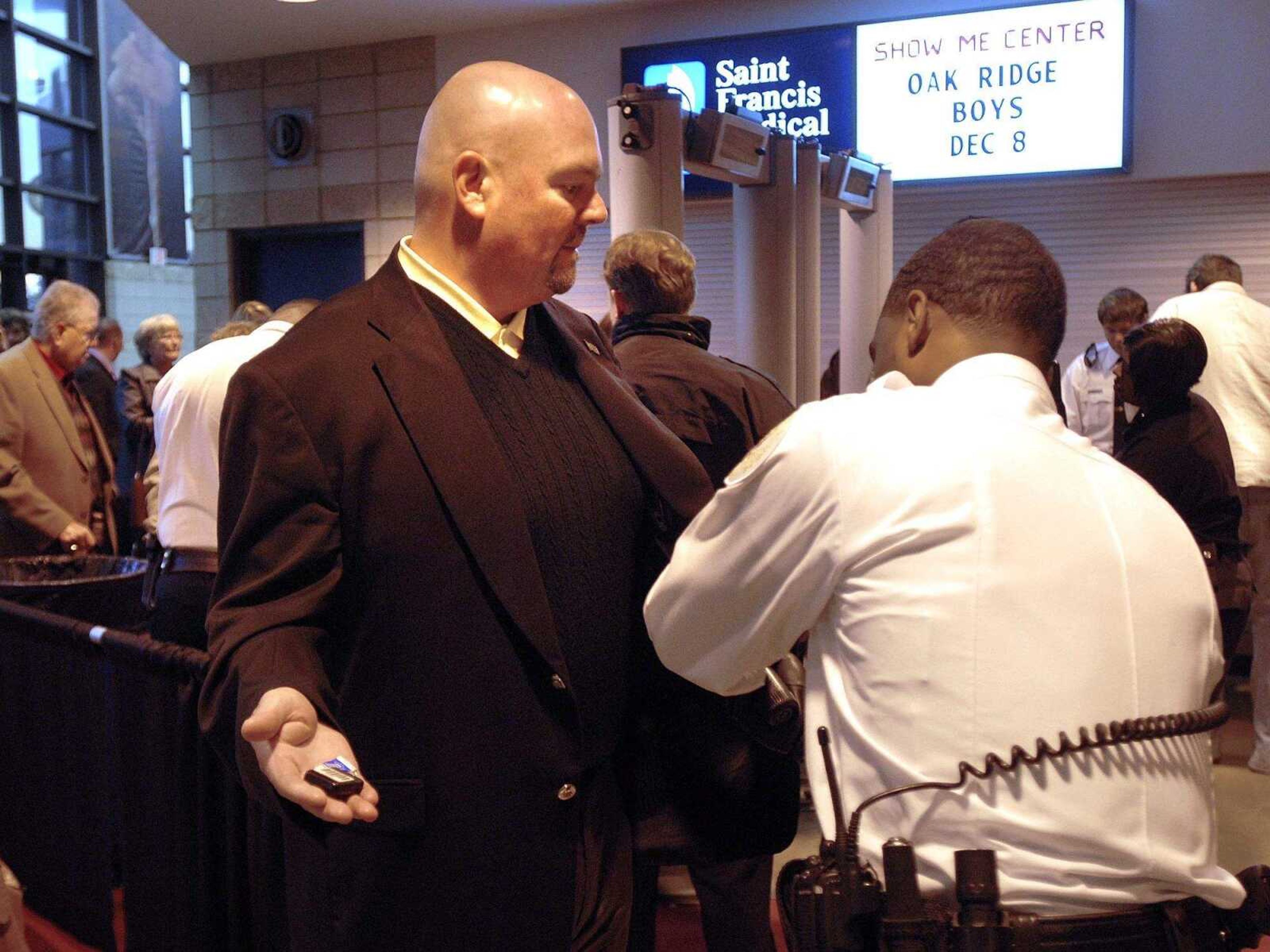 FRED LYNCH ~ flynch@semissourian.com
Cape Girardeau Mayor Jay Knudtson goes through the security process at the Show Me Center prior to the Sarah Palin campaign event.