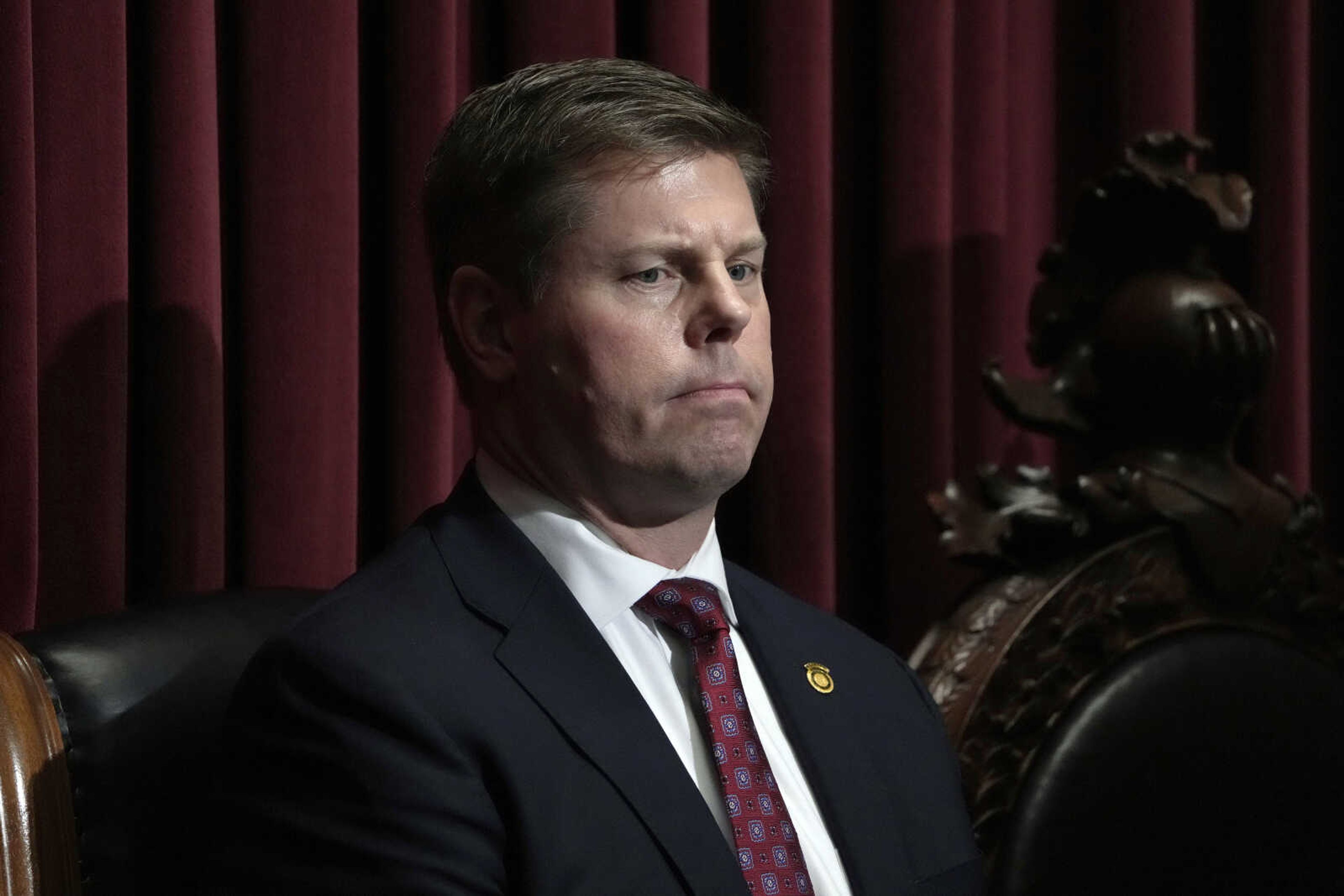 Missouri Speaker of the House Dean Plocher listens as Gov. Mike Parson delivers the State of the State address Jan. 24 in Jefferson City. Plocher once described "stupid Republican women" as "an invasive species," according to a whistleblower retaliation lawsuit filed against the lawmaker Friday.