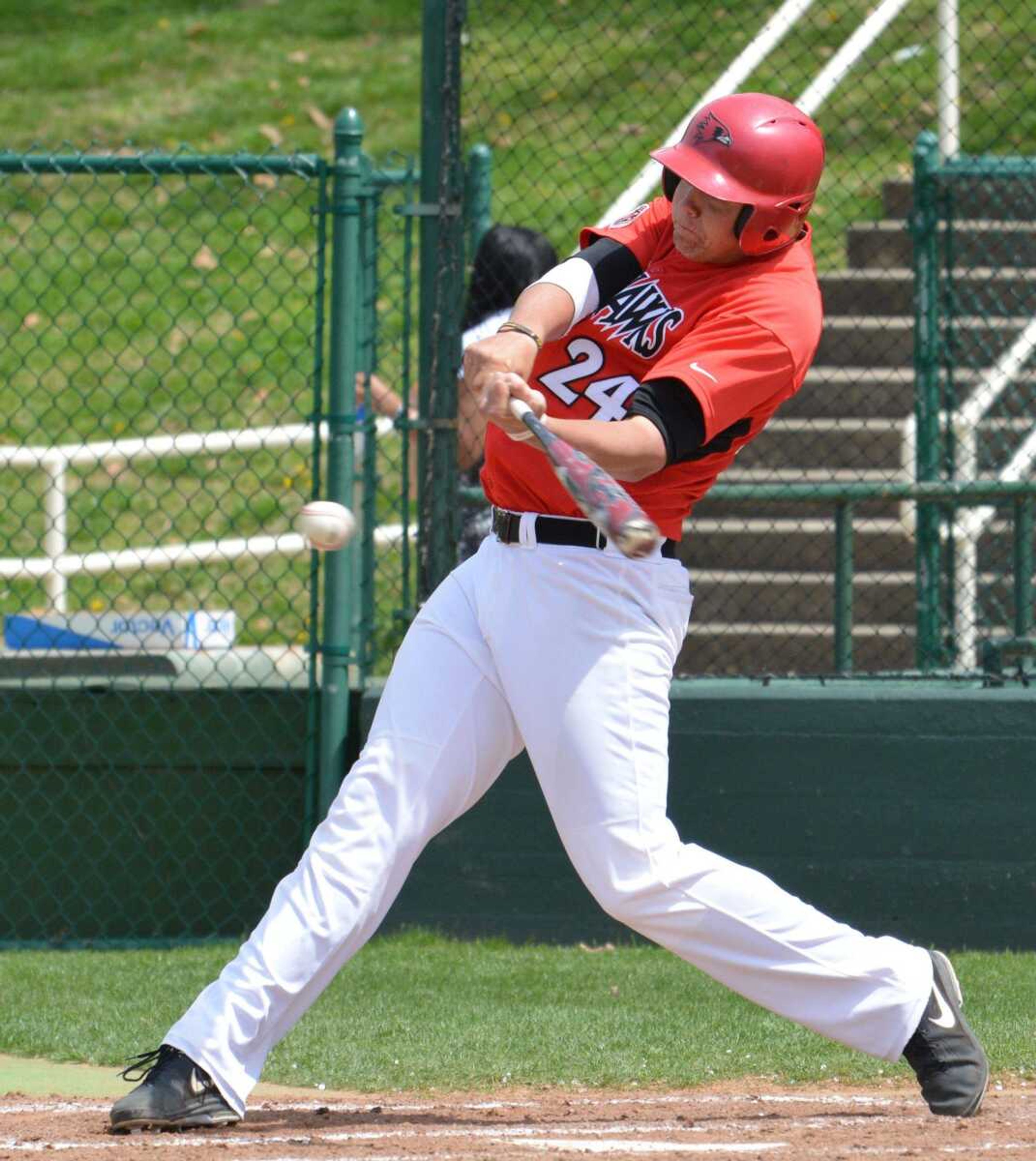 Southeast Missouri State&#8217;s Ryan Barnes lines a single against Austin Peay during the fifth inning Sunday at Capaha Field. Banes had three hits and three RBIs in the Redhawks&#8217; 14-8 victory. (WAYNE MCPHERSON ~ Special to Southeast Missourian)