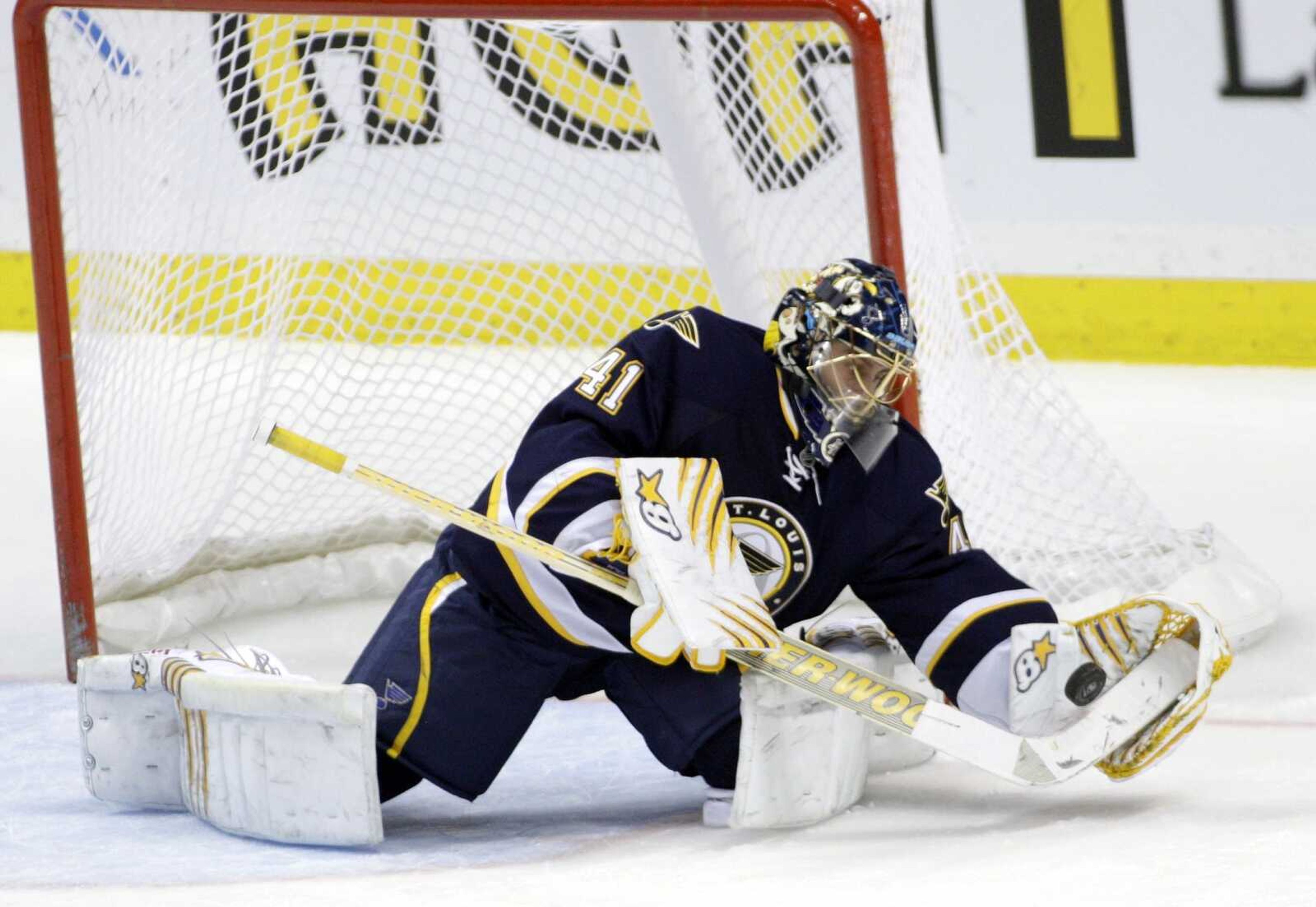 Blues goalie Jaroslav Halak makes a save during the third period against the Montreal Canadiens on Thursday in St. Louis. Halak, playing against his former team for the first time since being traded to St. Louis in the offseason, stopped 27 of 28 shots as the Blues defeated the Canadiens 4-1. (Tom Gannam ~ Associated Press)