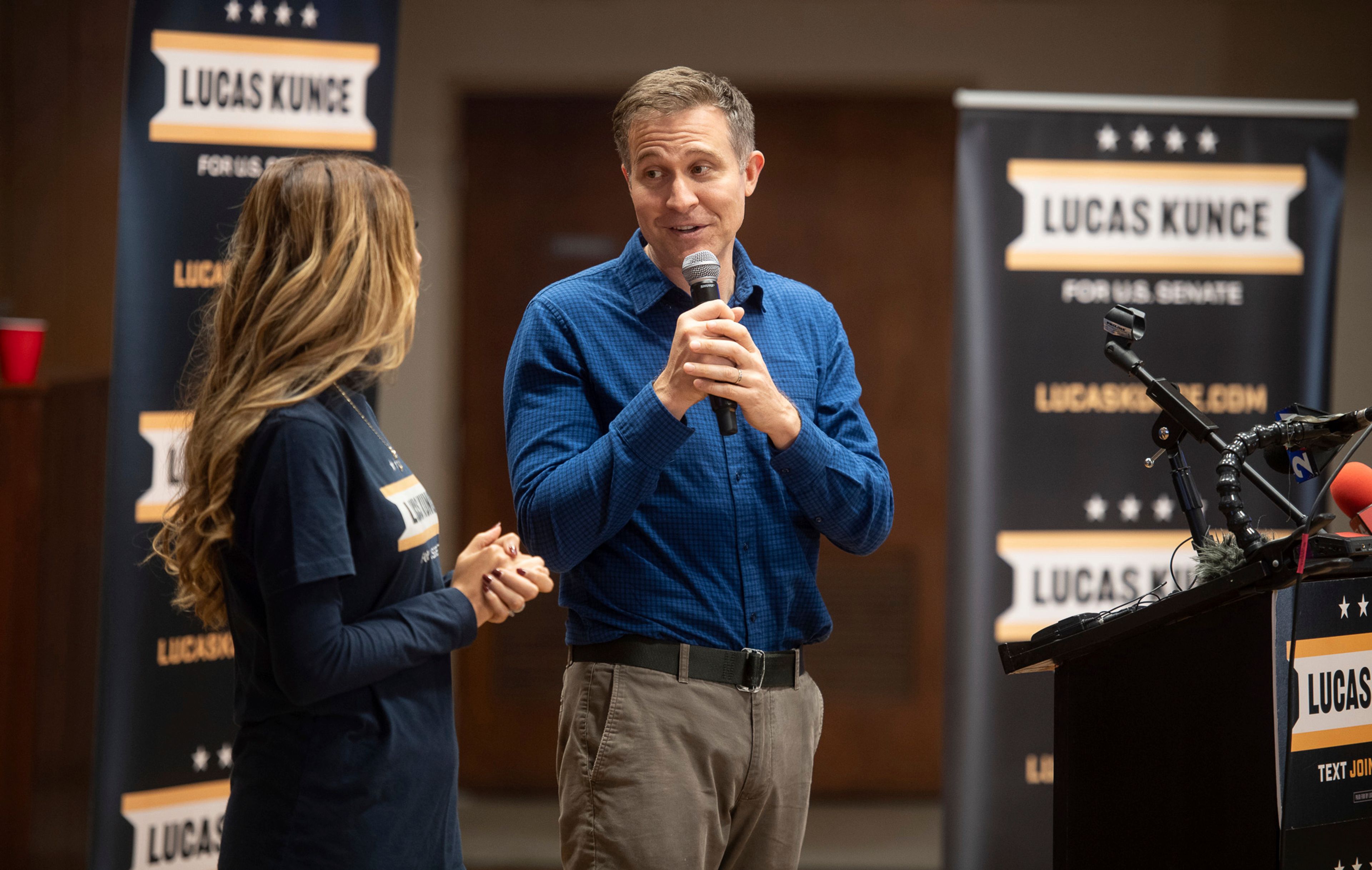 Missouri Democratic Party candidate for U.S. Senate Lucas Kunce thanks his wife Marilyn before he concedes the race to incumbent Republican Sen. Josh Hawley Tuesday, Nov. 5, 2024, at an election night watch party in Kansas City, Mo. (Chris Ochsner/The Kansas City Star via AP)